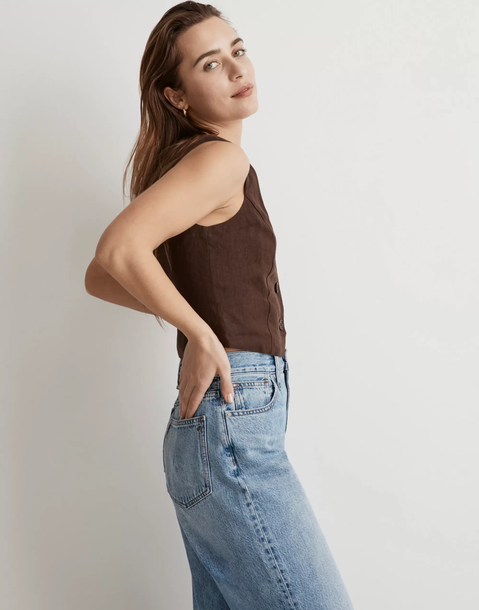 Madewell Tops & Shirts>100% Linen Katrina Crop Vest Top Dark Coffee