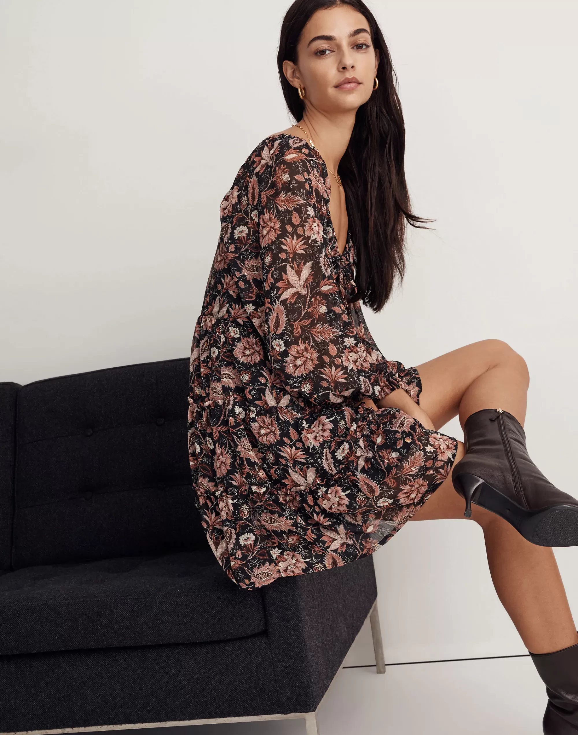 Madewell Dresses>Amalia Tiered Mini Dress In Pampas Blooms True Black