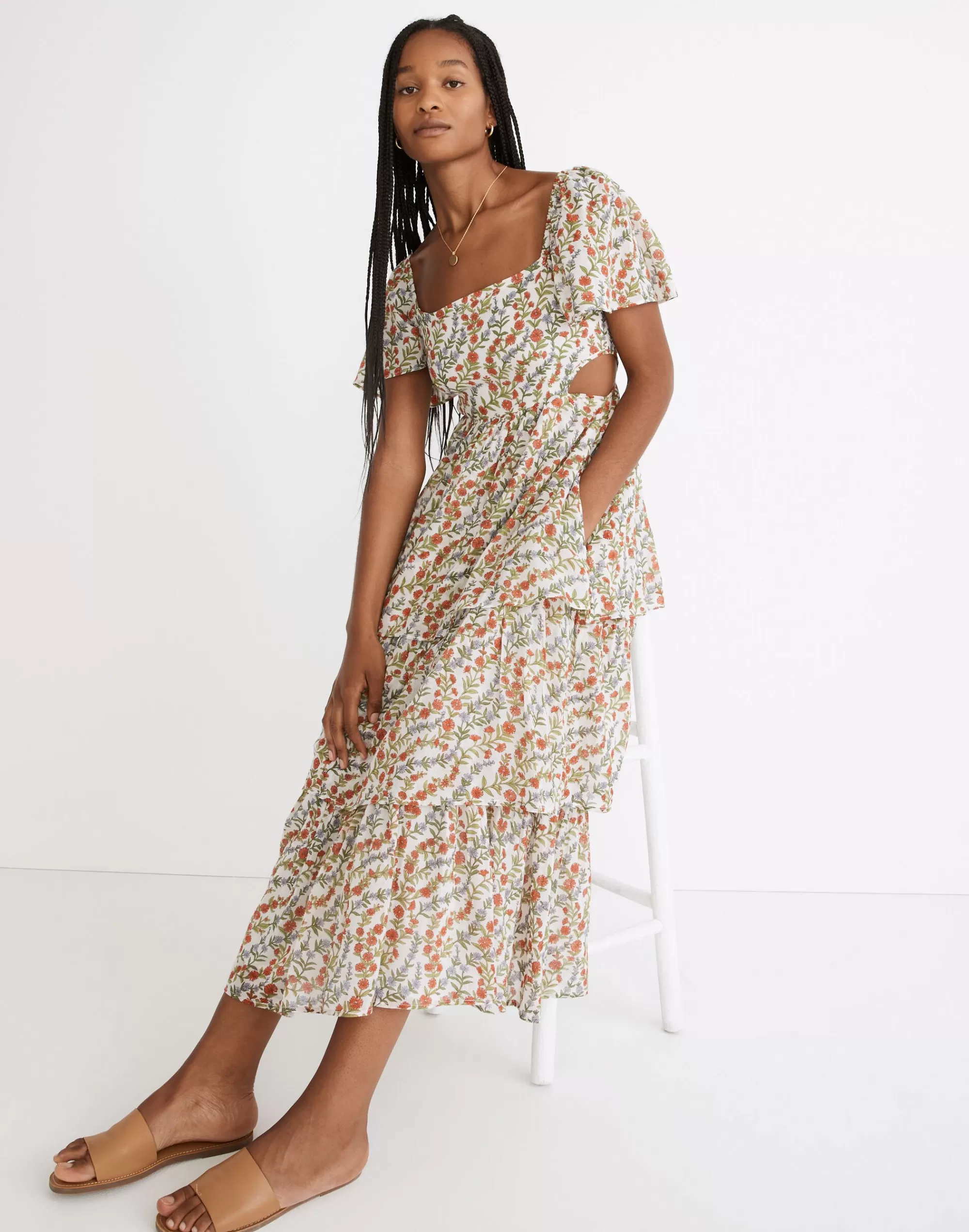 Madewell Dresses>Banjanan Bonnie Tiered Midi Dress In Boundless Floral Boundless Floral White