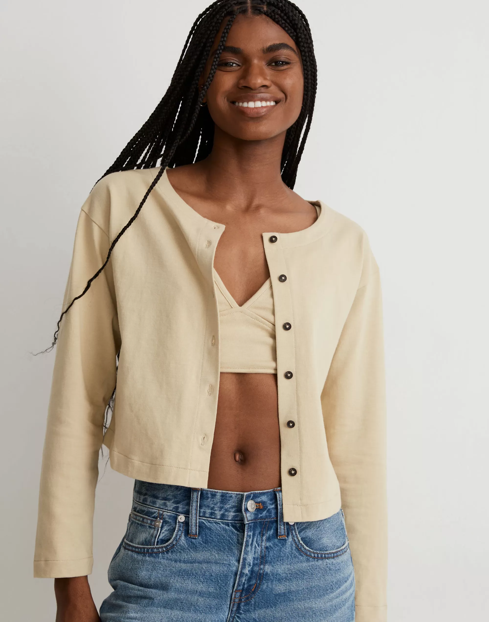 Madewell Tees>Boxy Button-Front Crop Cardigan Pale Lichen