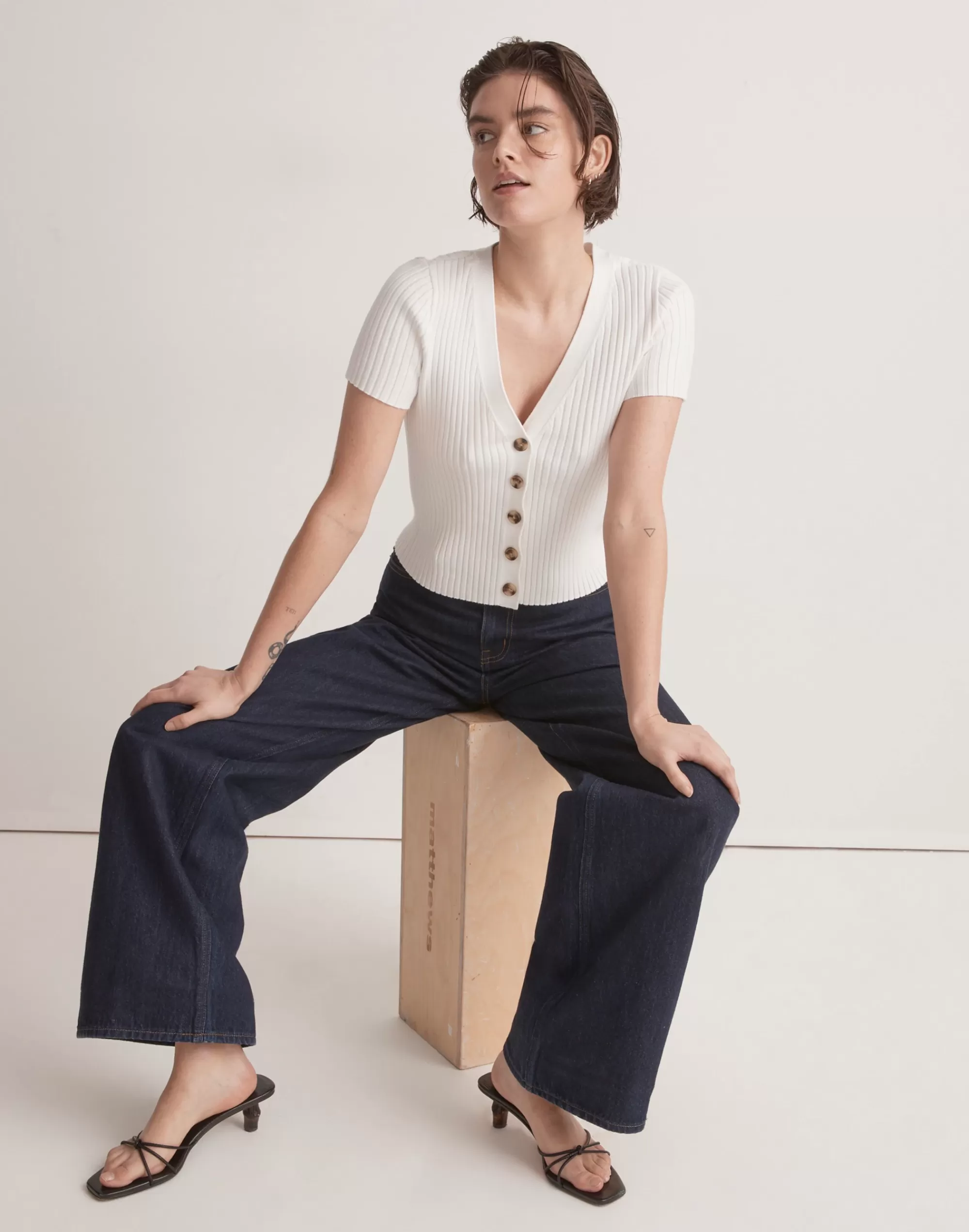 Madewell Tees>Bray Ribbed Cardigan Sweater Eyelet White