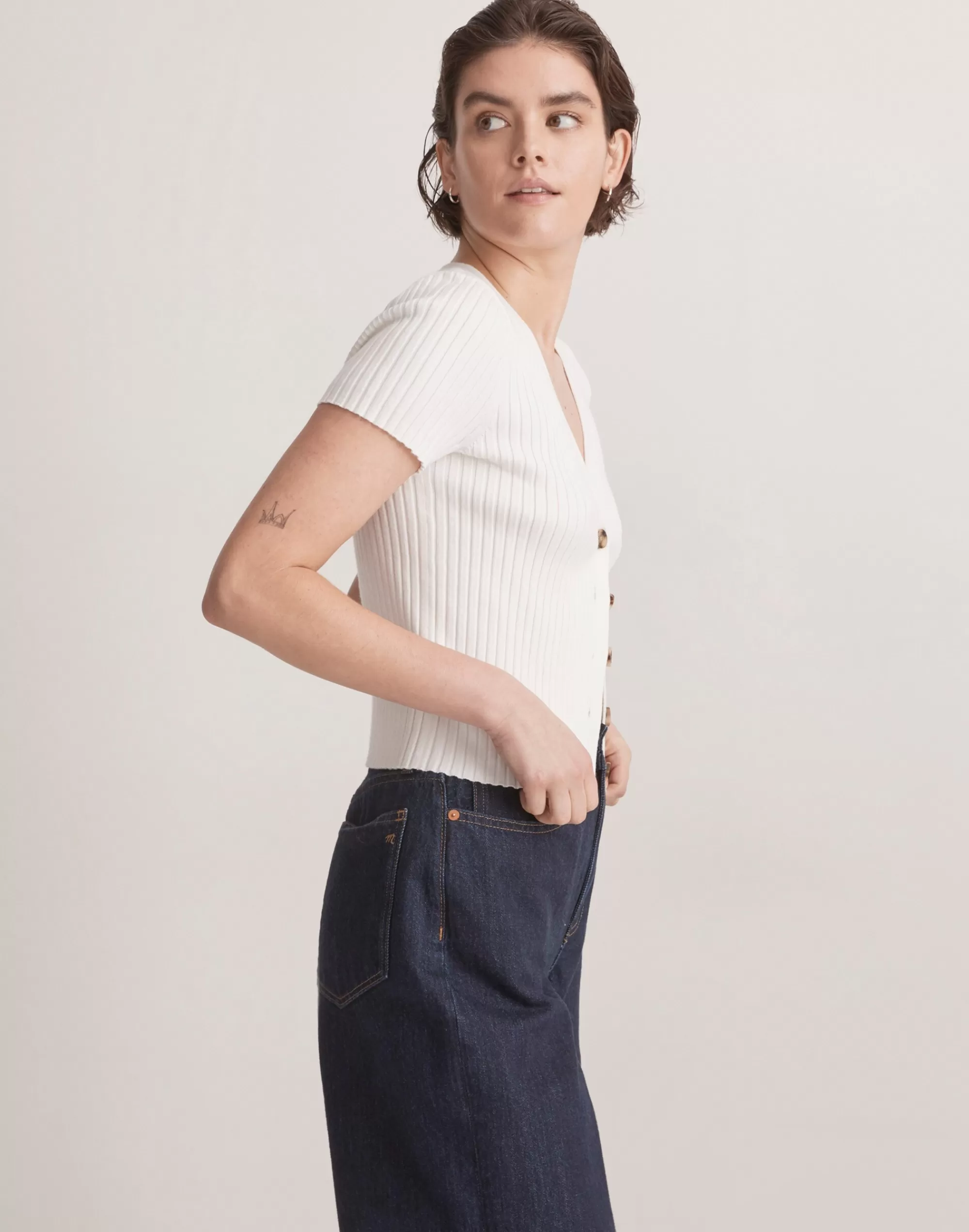 Madewell Tees>Bray Ribbed Cardigan Sweater Eyelet White