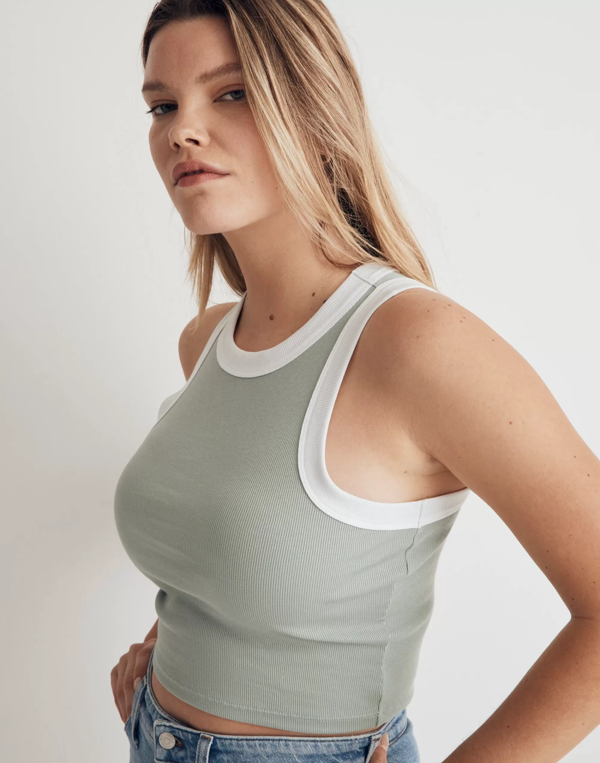 Madewell Tees>Brightside Cutaway Crop Tank Pale Celadon