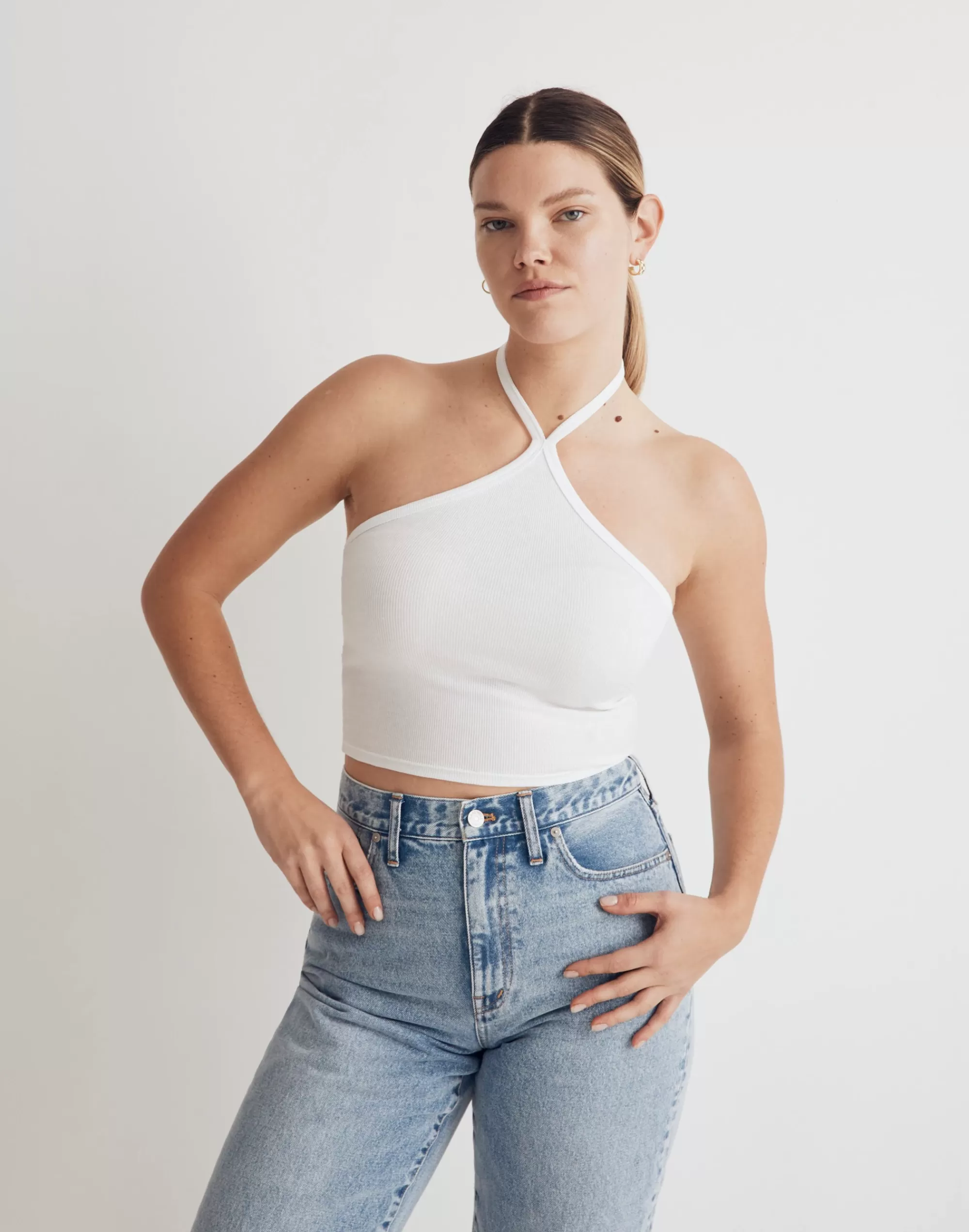 Madewell Tees>Brightside Halter Crop Tank Top Eyelet White