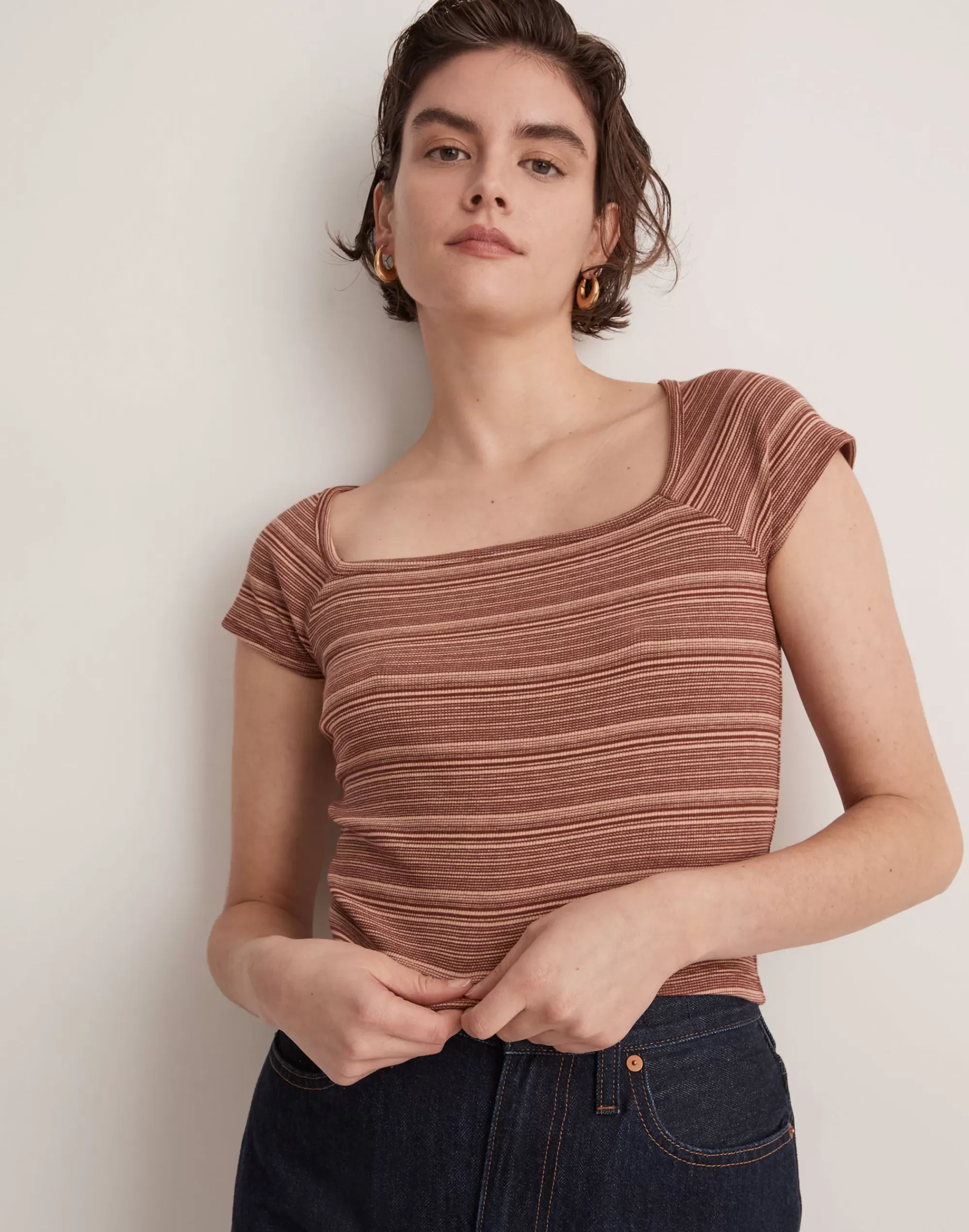 Madewell Tees>Brightside Square-Neck Tee In Stripe Ground Clay