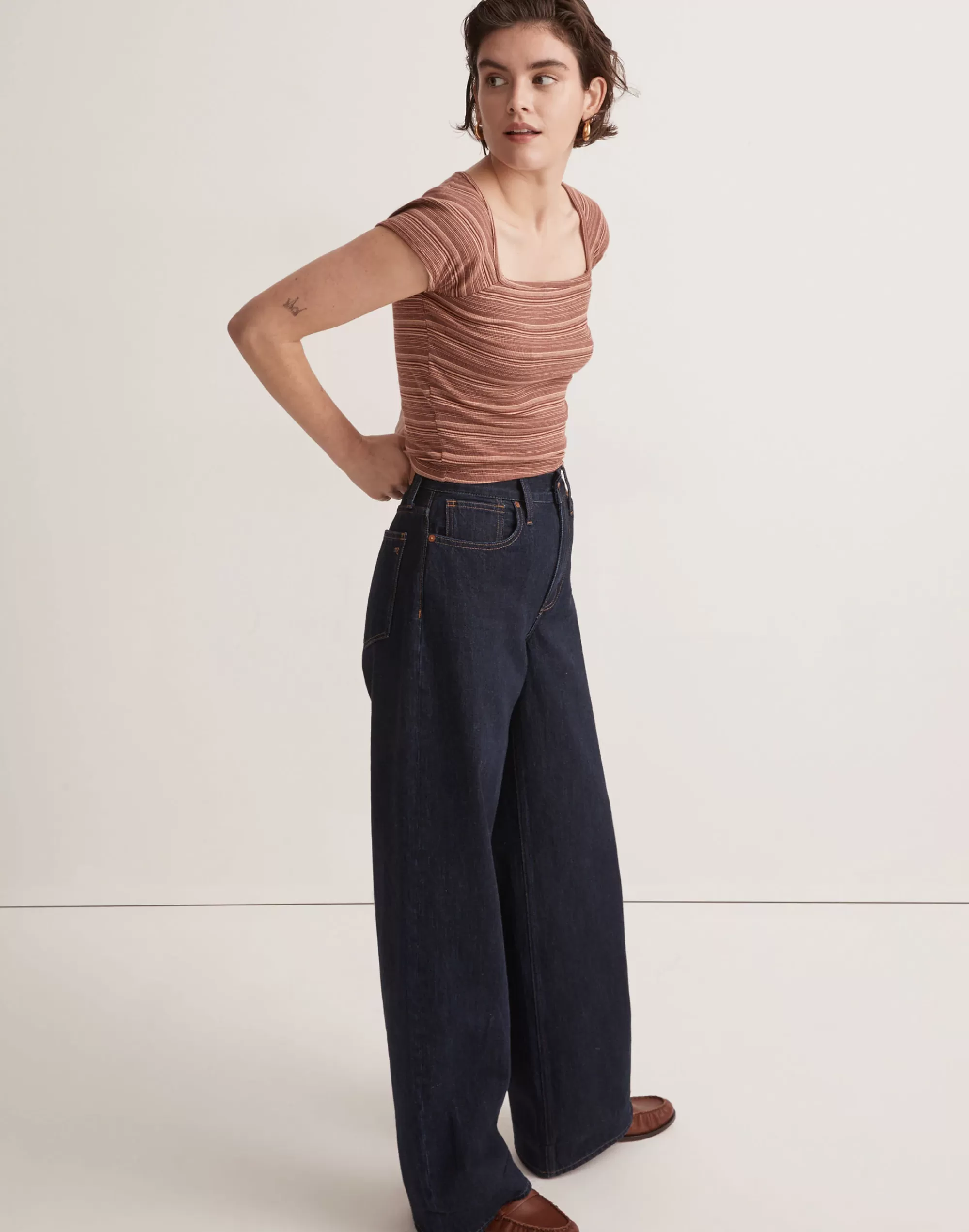 Madewell Tees>Brightside Square-Neck Tee In Stripe Ground Clay