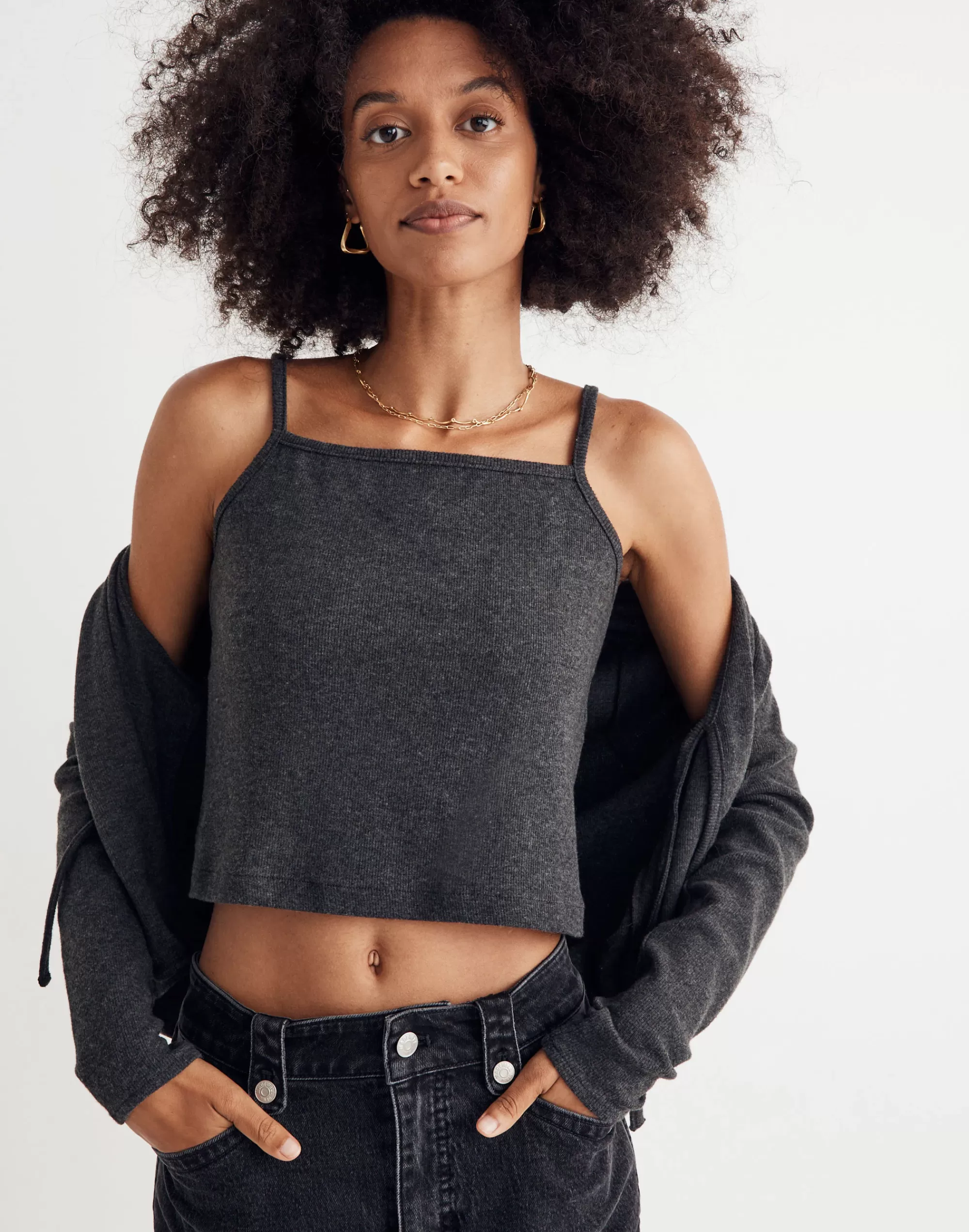 Madewell Tees>Brushed Rib Square-Neck Cami Top True Black