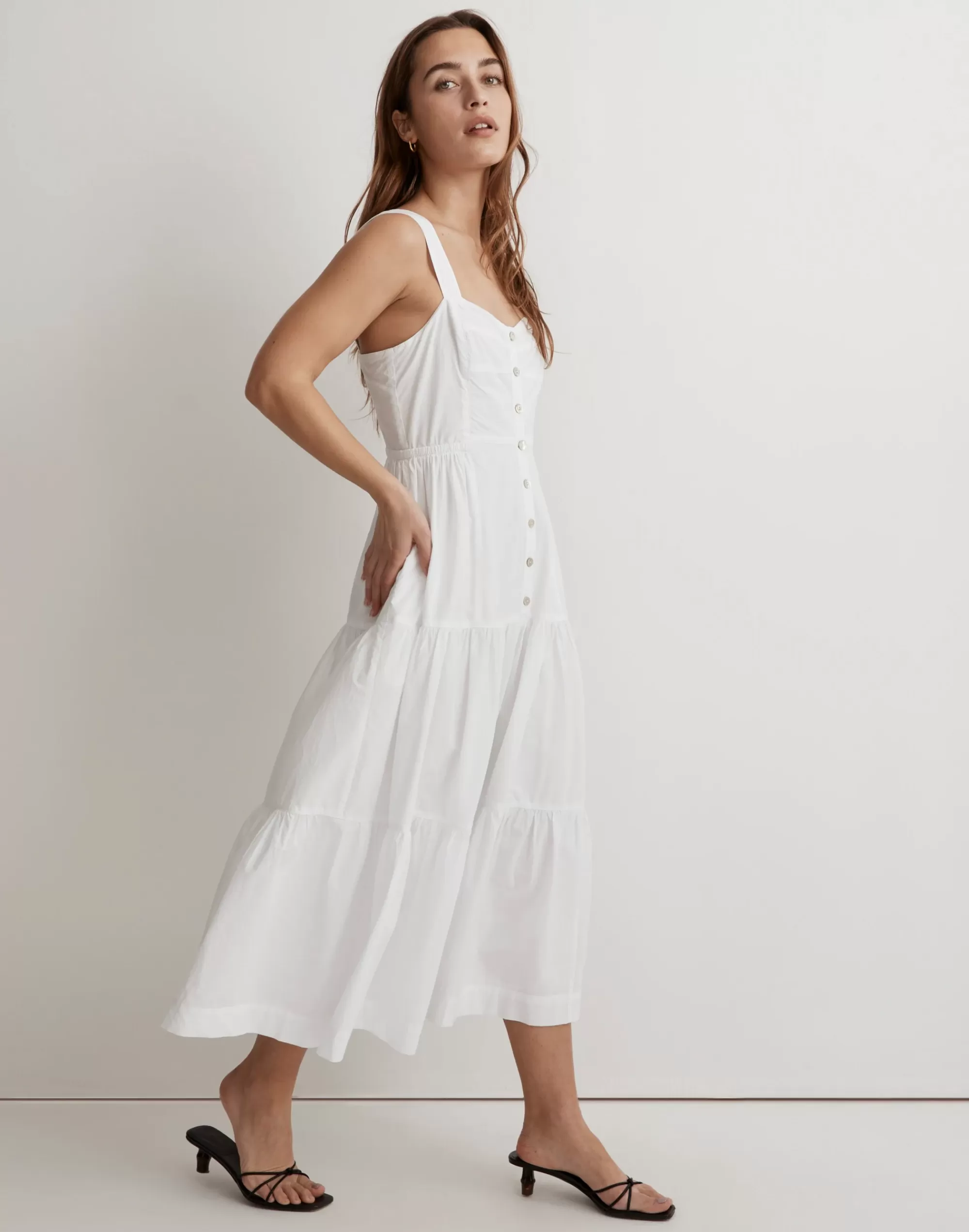 Madewell Dresses>Button-Front Tiered Midi Dress Eyelet White