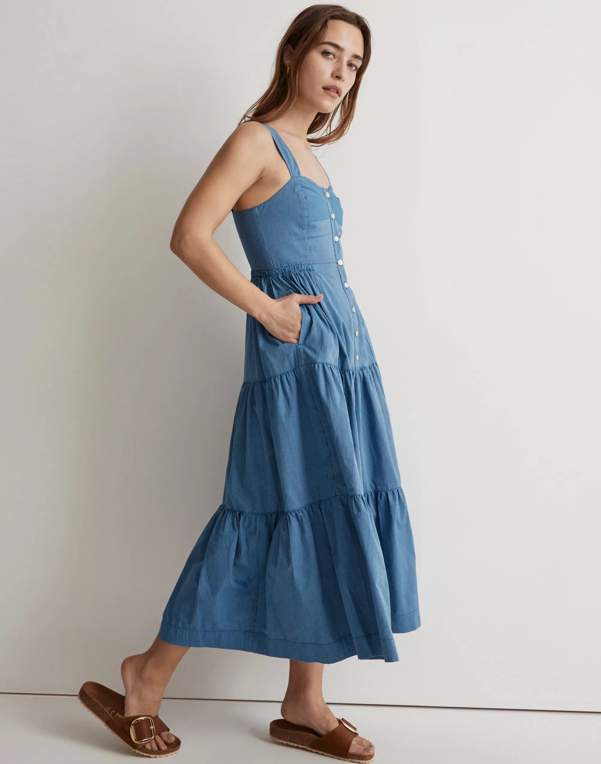 Madewell Dresses>Button-Front Tiered Midi Dress In Stripe Cerulean Blue