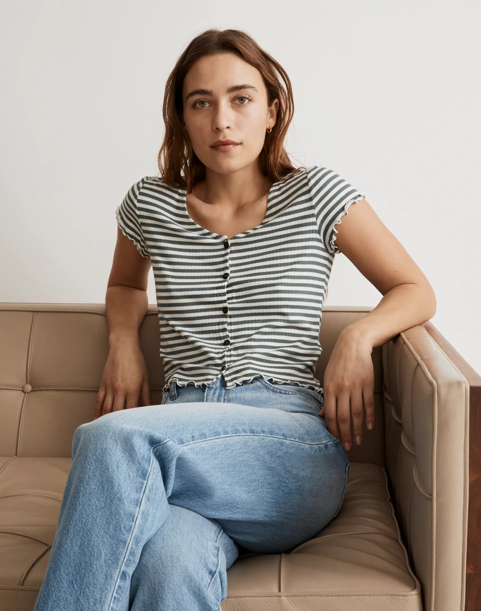 Madewell Tees>Button-Front V-Neck Tee In Stripe Foraged Green