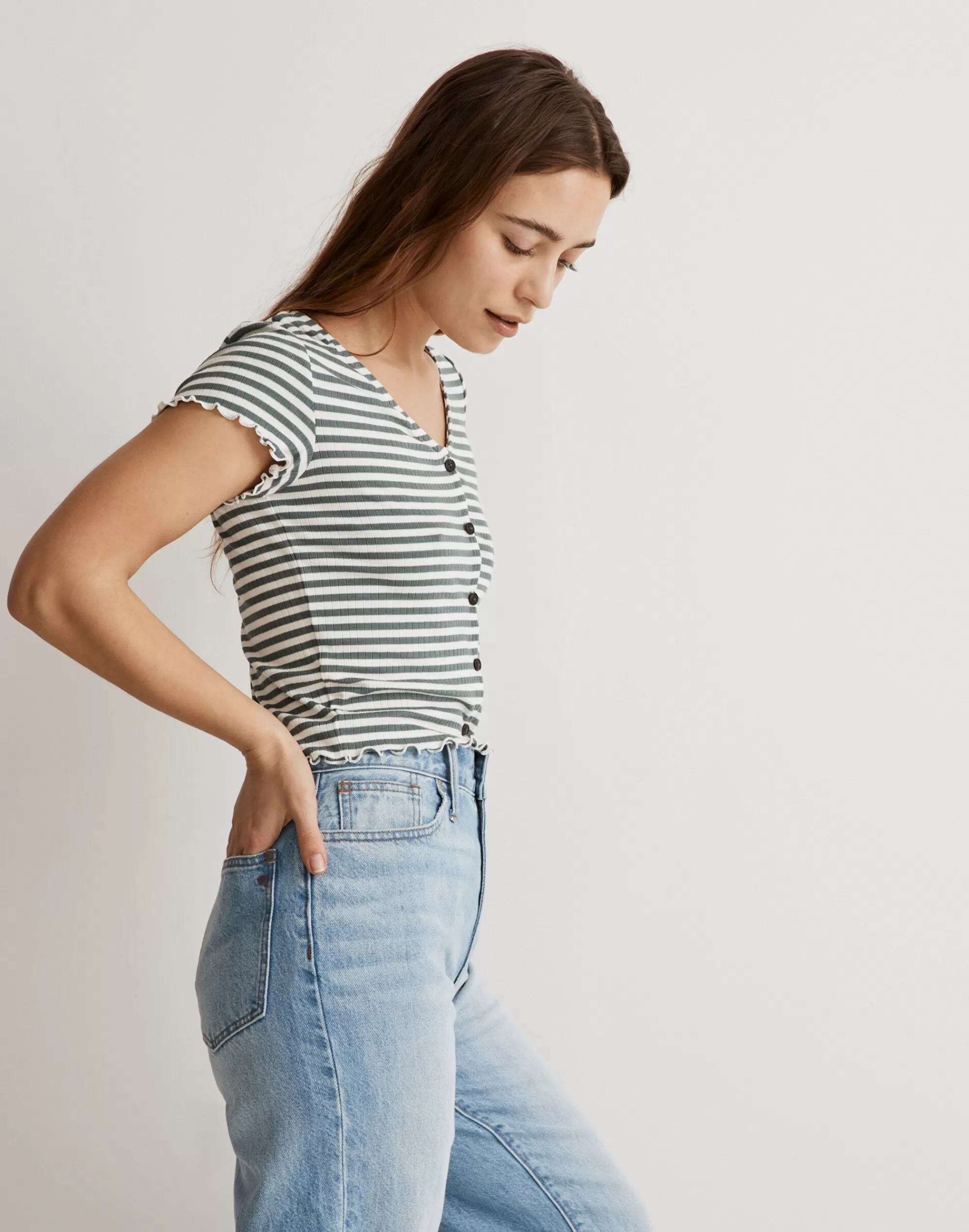 Madewell Tees>Button-Front V-Neck Tee In Stripe Foraged Green