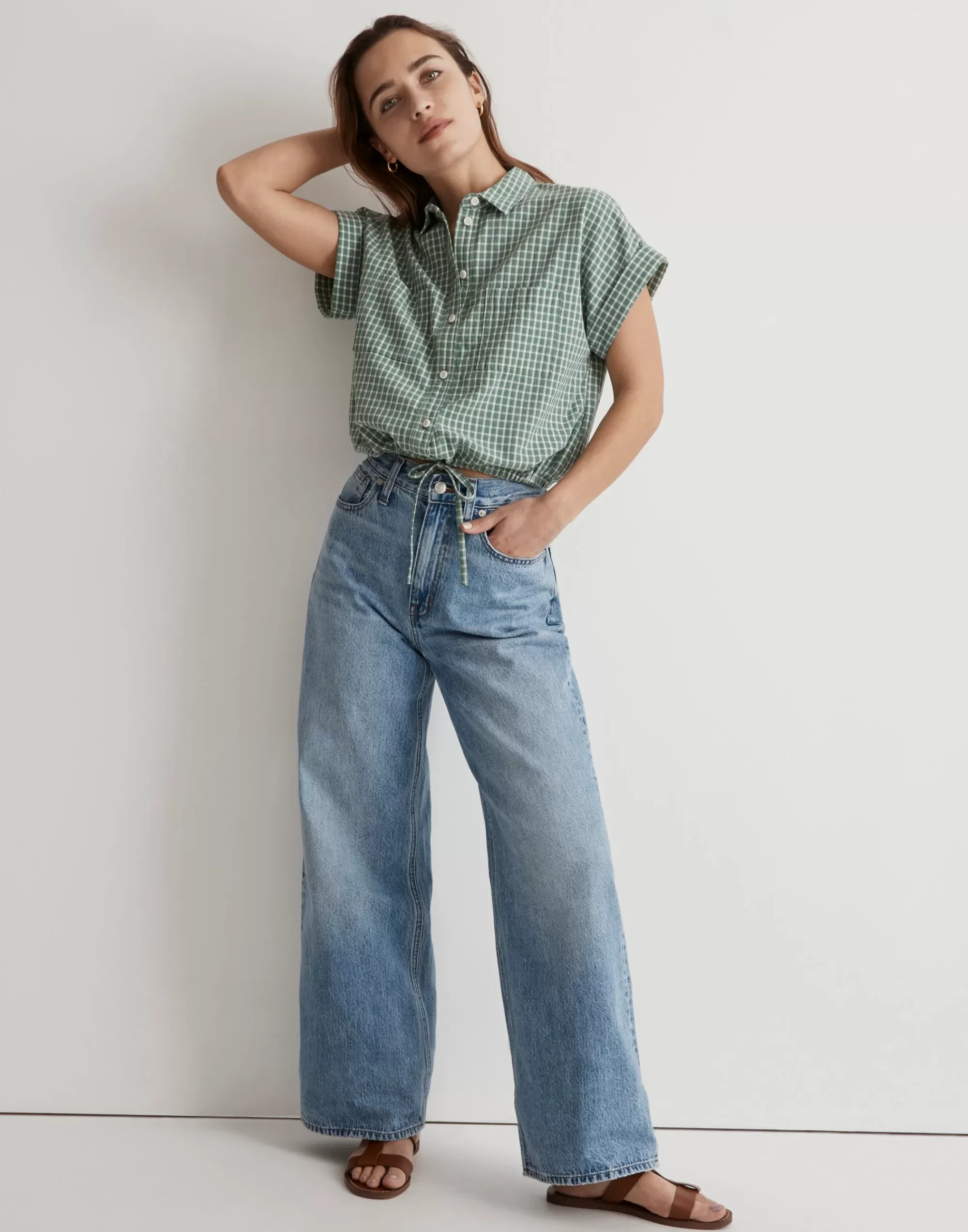 Madewell Tops & Shirts>Button-Up Drawstring Shirt In Yarn-Dyed Plaid Yd Dobby Trellis Green