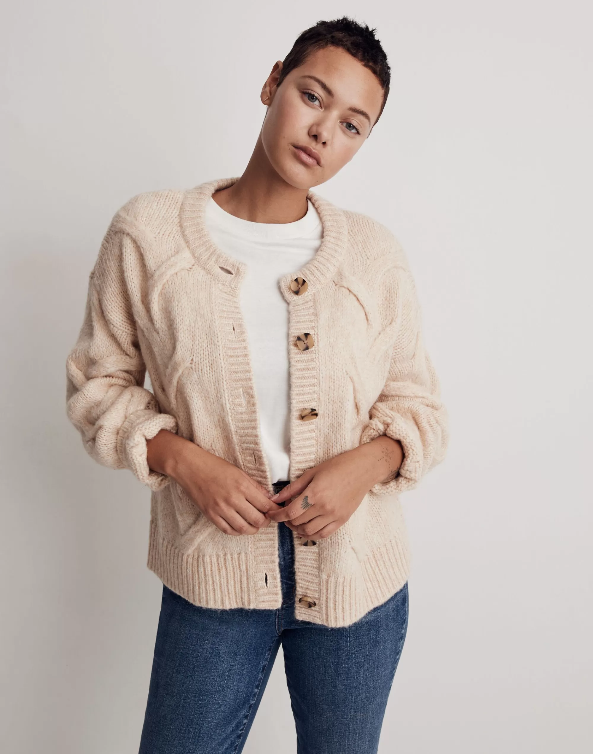 Madewell Sweaters>Cable Ashmont Cardigan Sweater Heather Powder