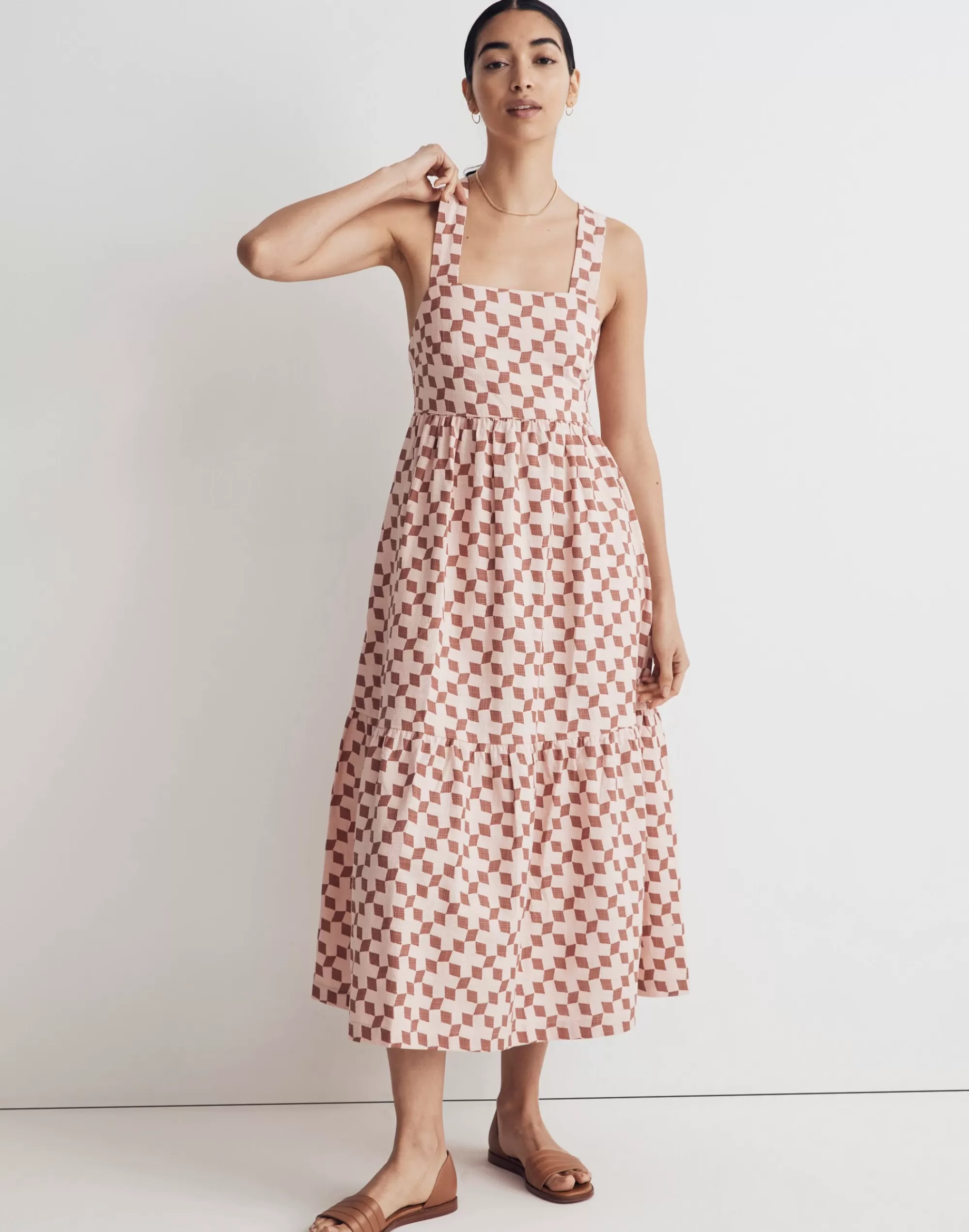 Madewell Dresses>Cicely Tiered Midi Dress In Geo Checkerboard Pink Oyster