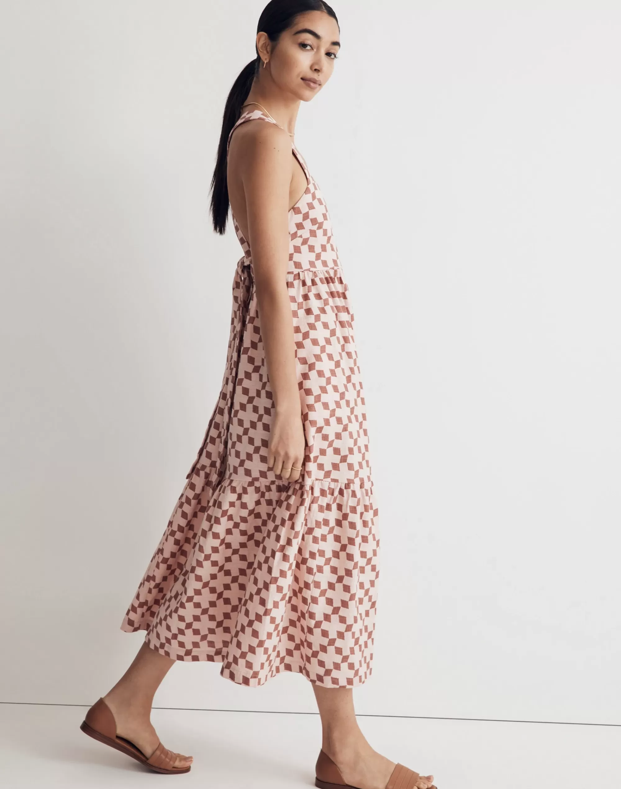 Madewell Dresses>Cicely Tiered Midi Dress In Geo Checkerboard Pink Oyster