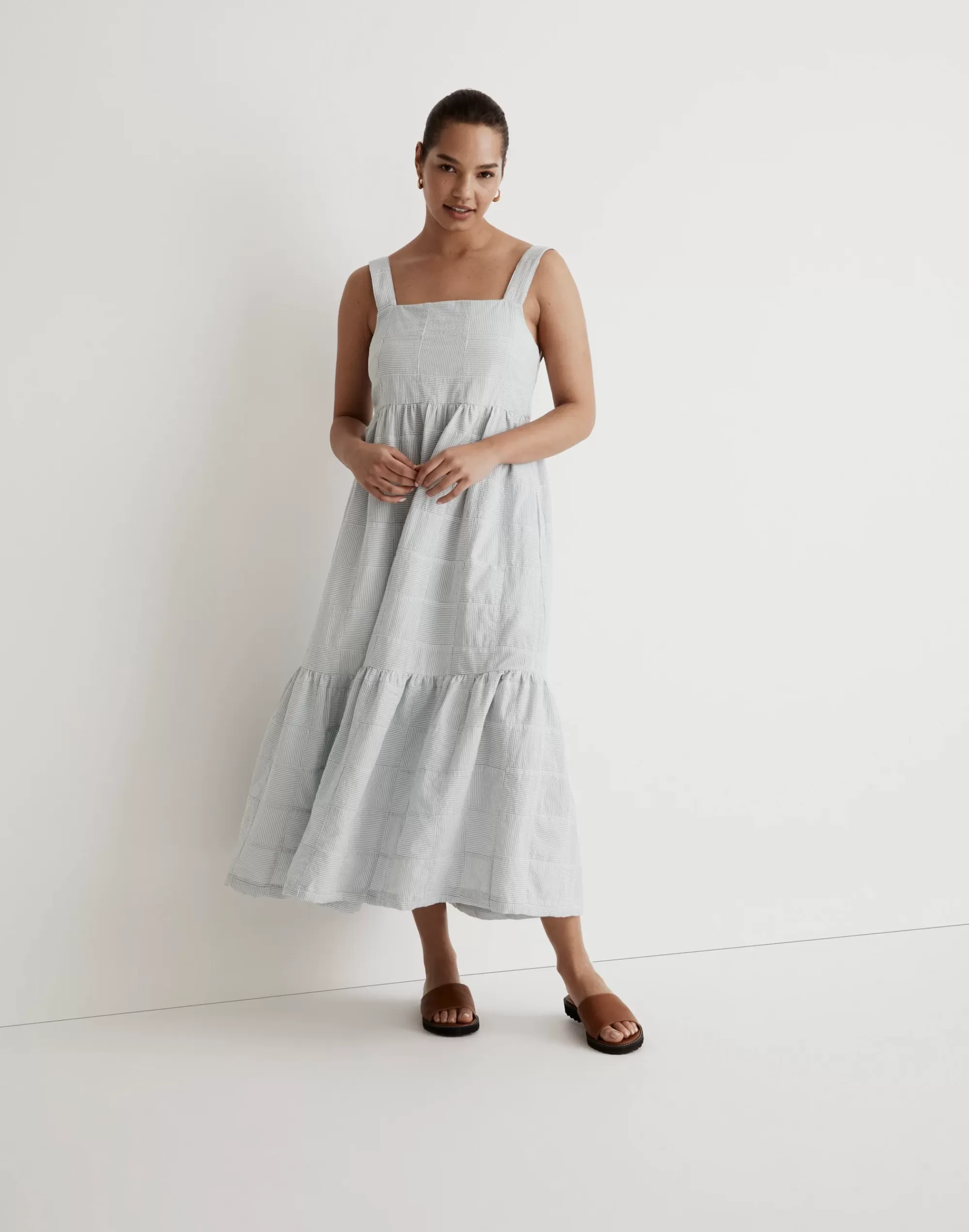 Madewell Dresses>Cicely Tiered Midi Dress In Patchwork Earthsea Seersucker