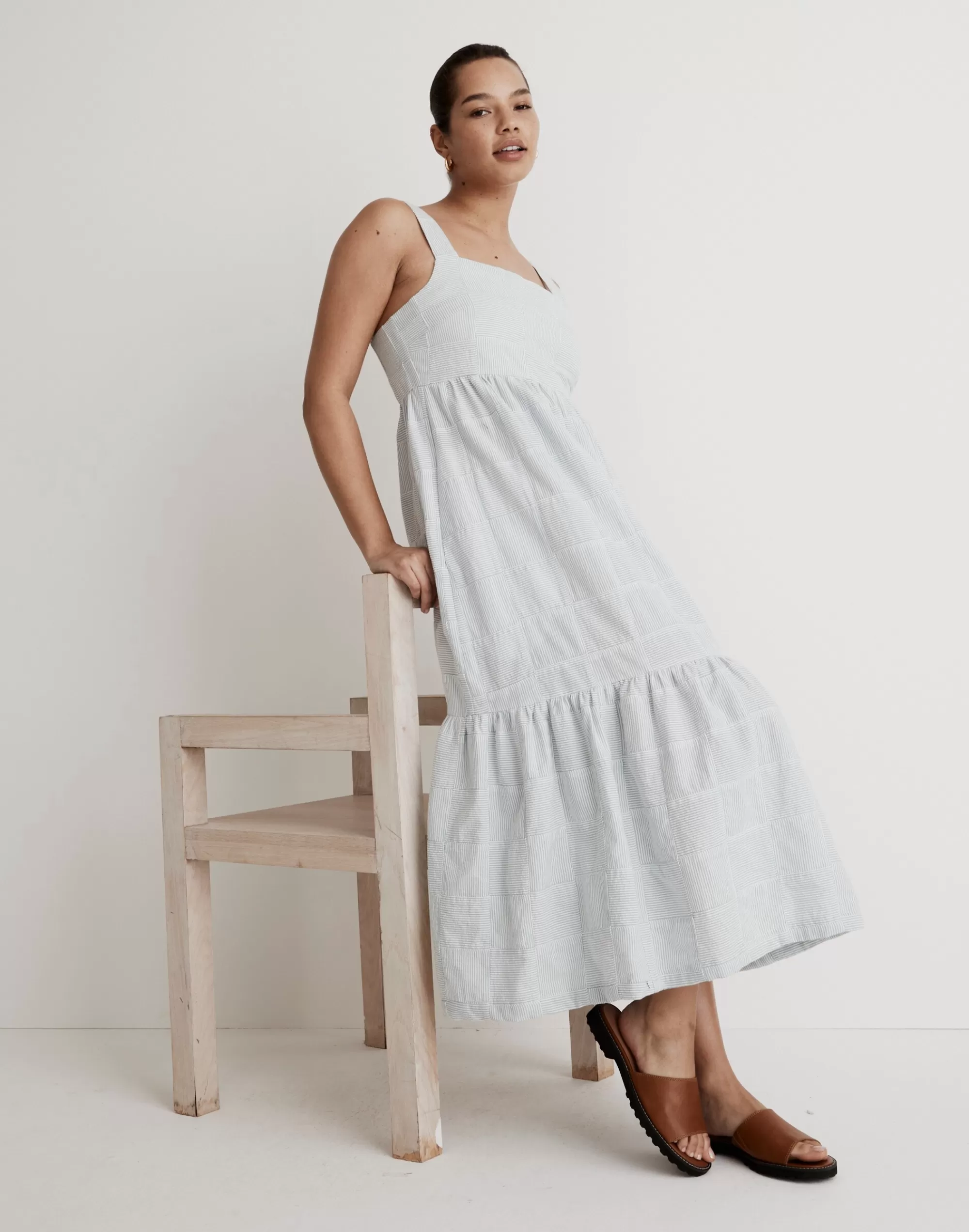 Madewell Dresses>Cicely Tiered Midi Dress In Patchwork Earthsea Seersucker