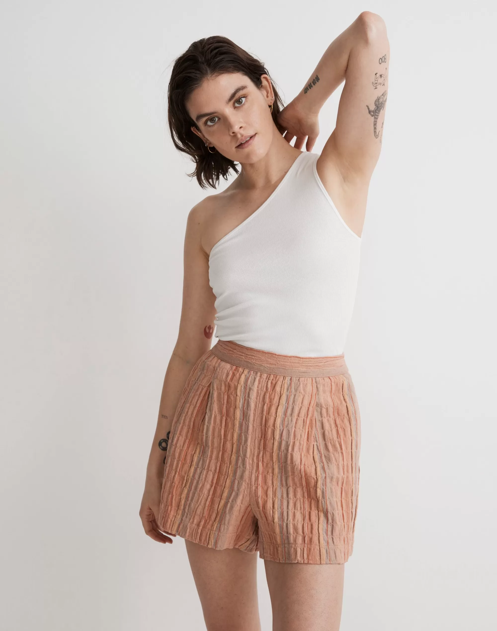 Madewell Shorts>Clean Pull-On Shorts In Herringbone Stripe Ground Clay