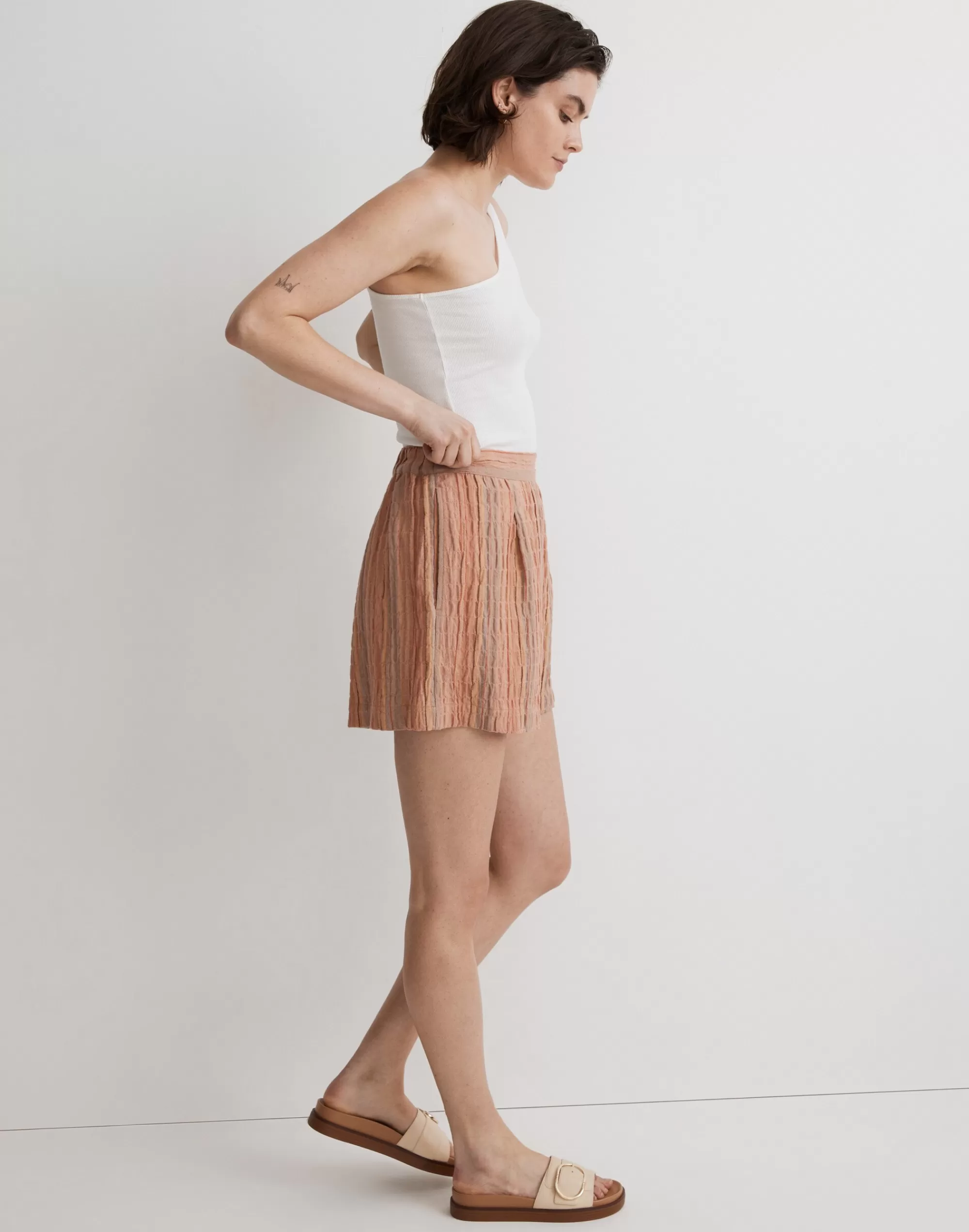 Madewell Shorts>Clean Pull-On Shorts In Herringbone Stripe Ground Clay