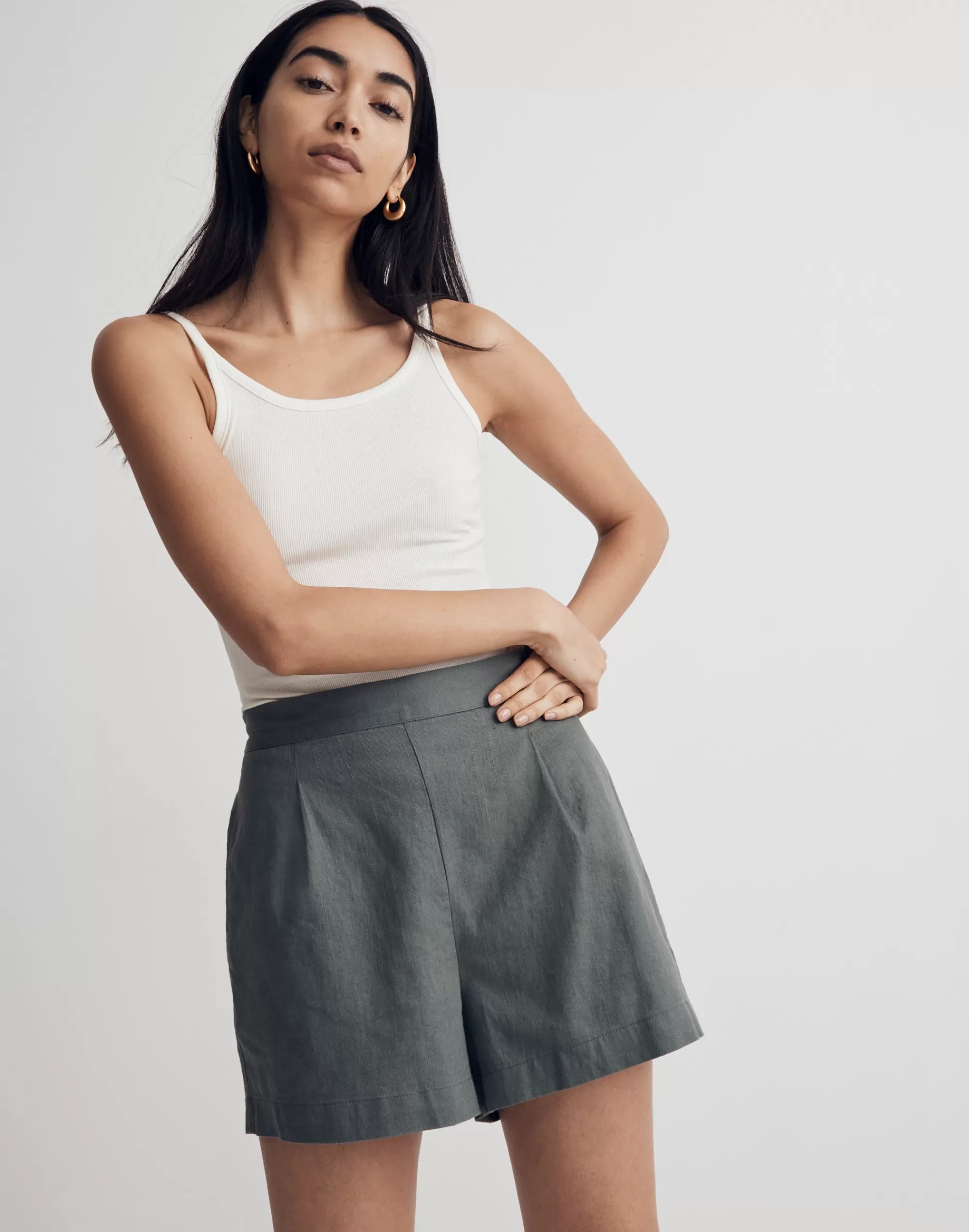 Madewell Shorts>Clean Pull-On Shorts In Linen-Cotton Architect Green