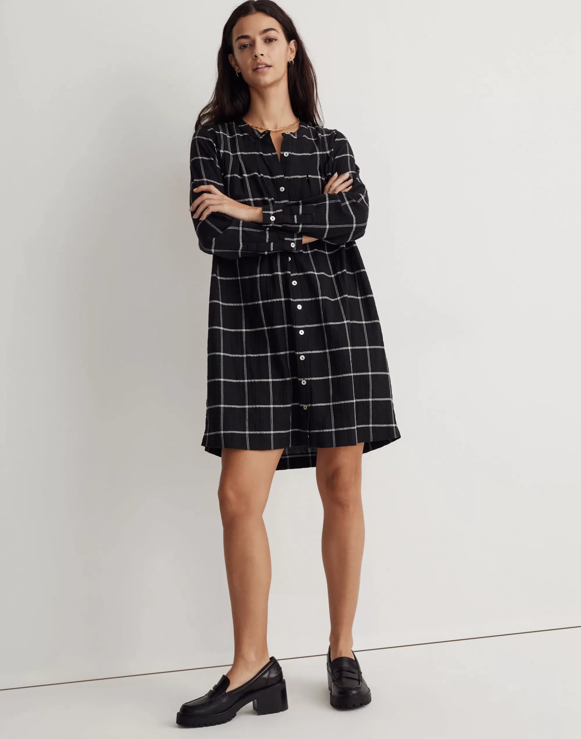 Madewell Dresses>Collarless Shirtdress In Windowpane True Black