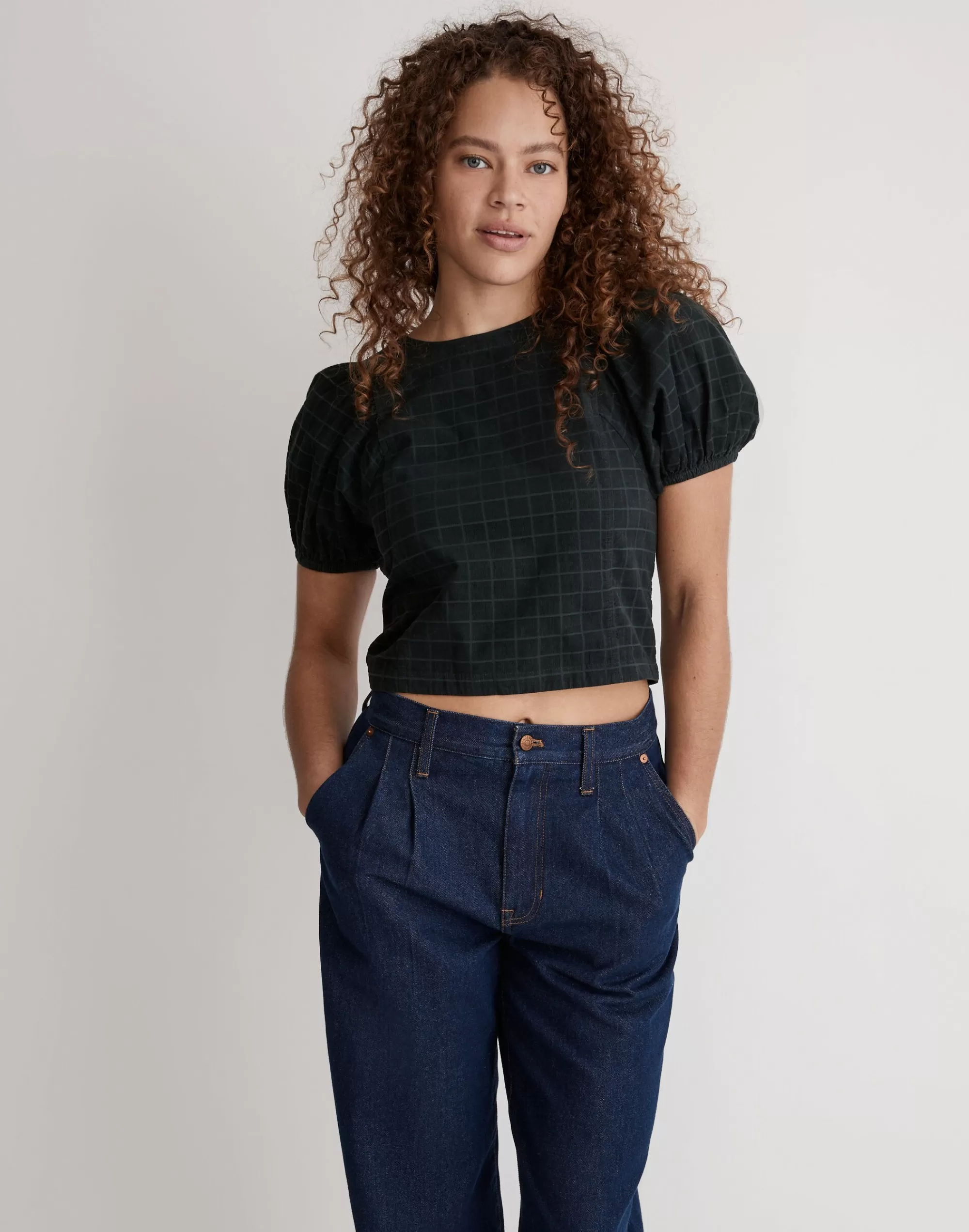 Madewell Tees>Corduroy Puff-Sleeve Top In Windowpane Dark Palm