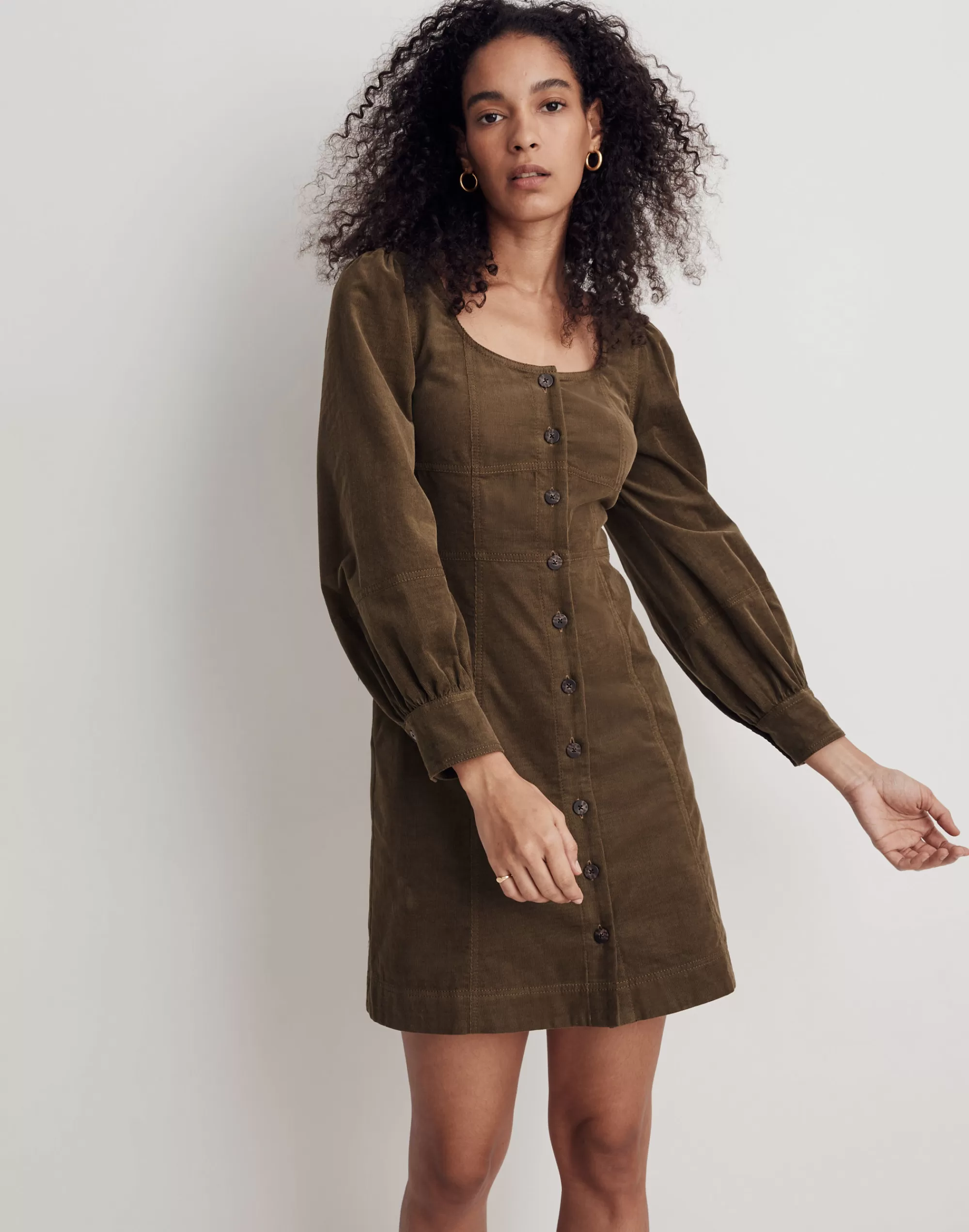 Madewell Dresses>Corduroy Seamed Long-Sleeve Mini Dress Kale