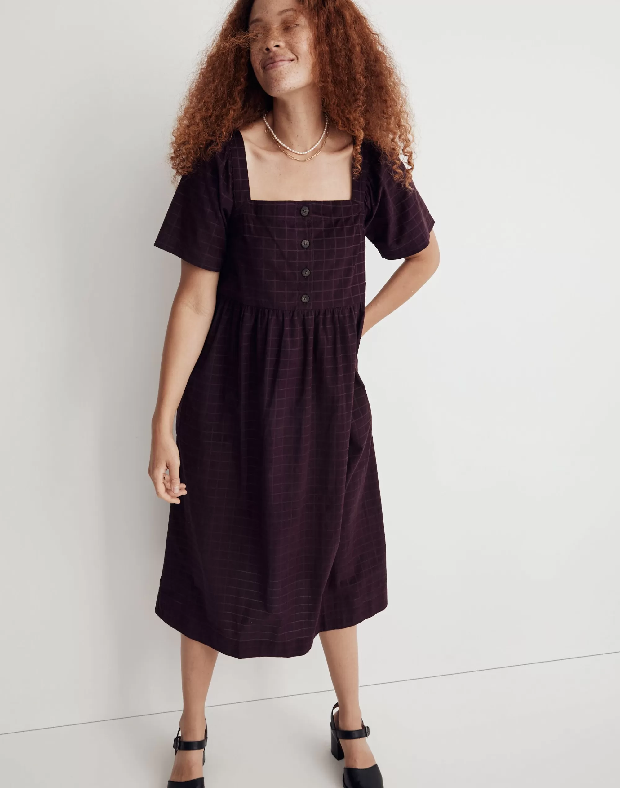 Madewell Dresses>Corduroy Square-Neck Midi Dress In Windowpane True Aubergine