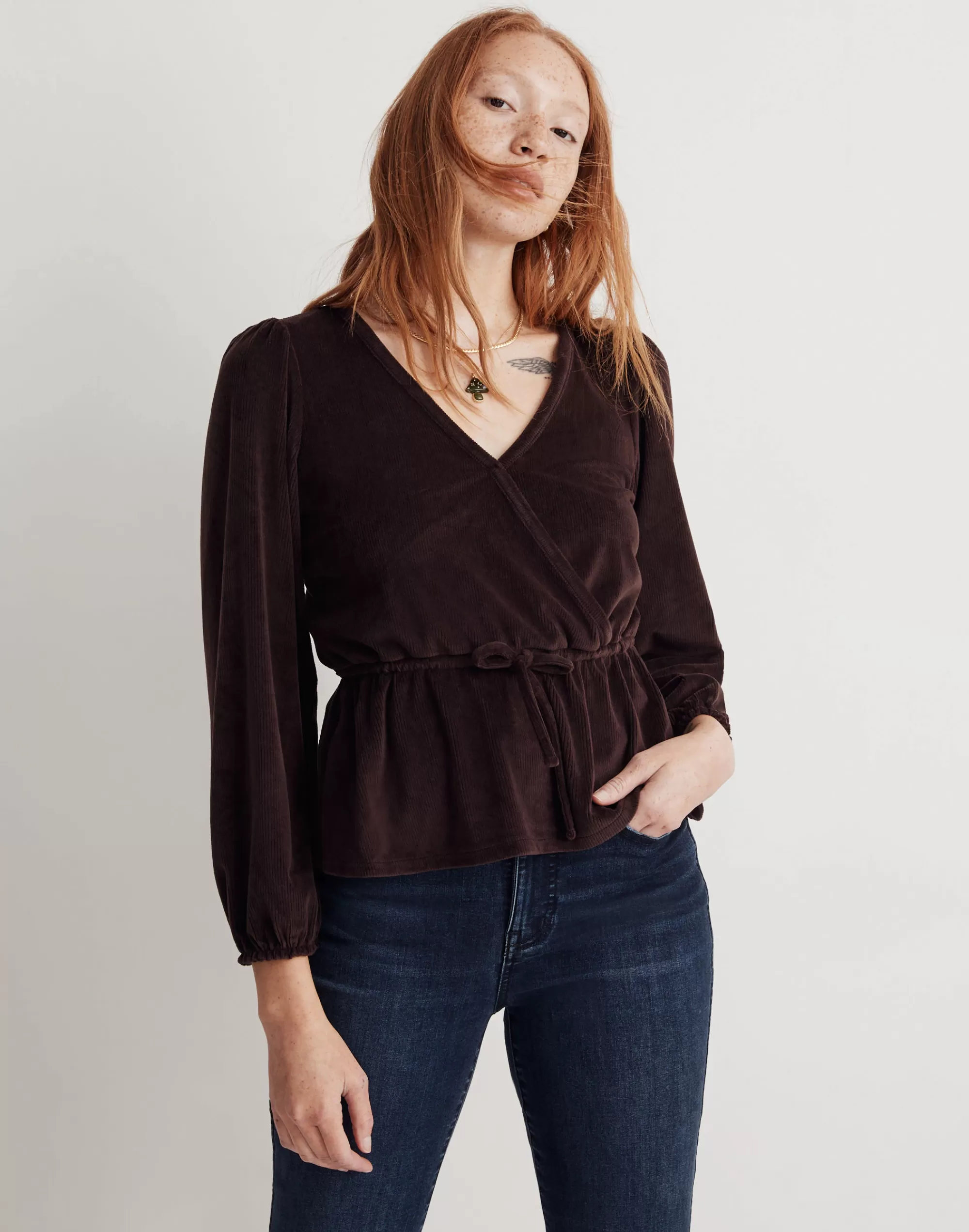 Madewell Tees>Corduroy Tie-Front Faux-Wrap Top Spiced Raisin