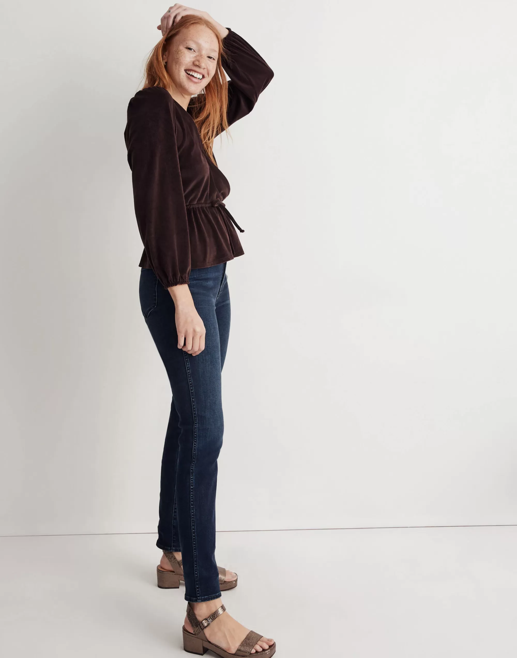 Madewell Tees>Corduroy Tie-Front Faux-Wrap Top Spiced Raisin