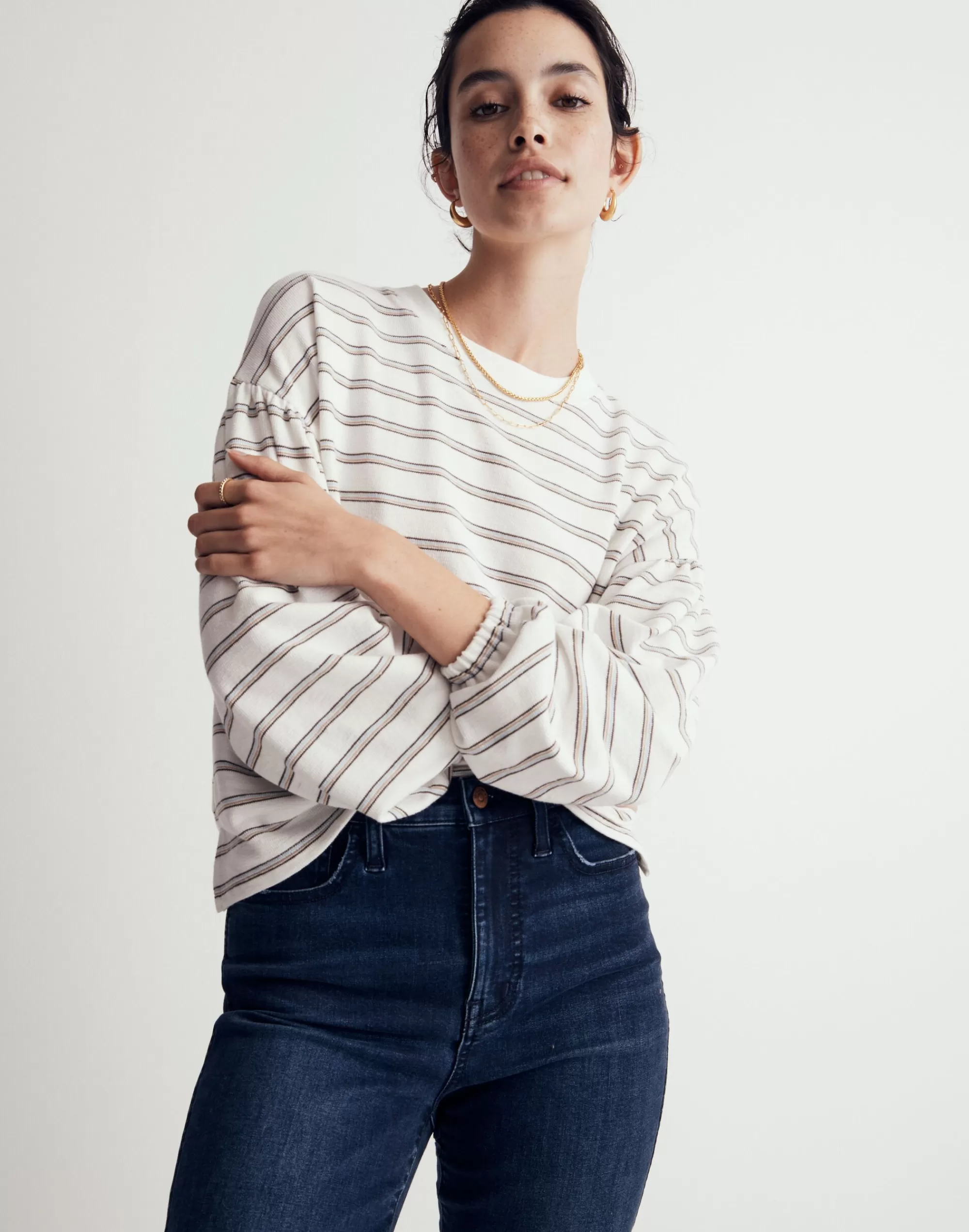 Madewell Tees>Cotton Long-Sleeve Tee In Stripe Antique Cream