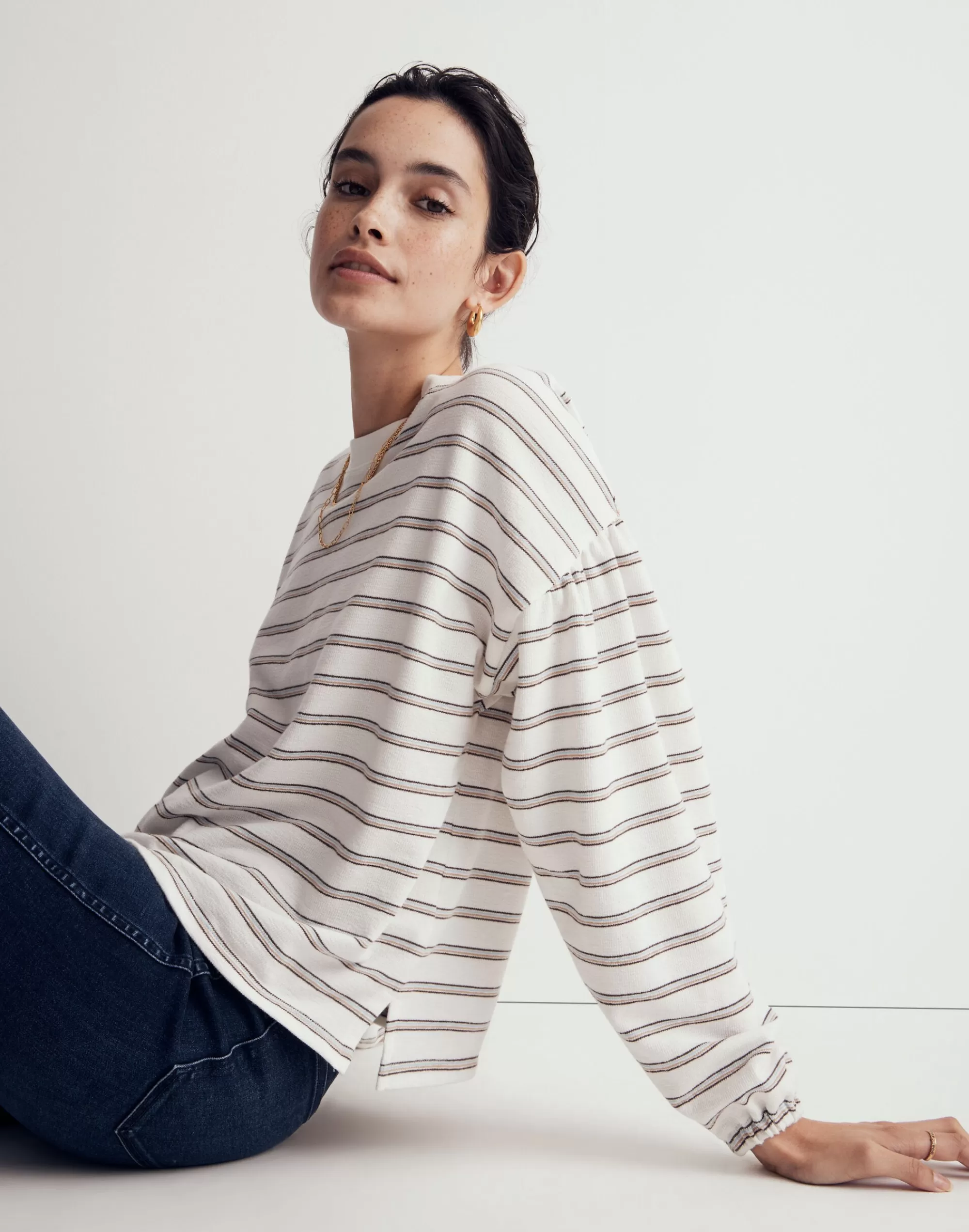 Madewell Tees>Cotton Long-Sleeve Tee In Stripe Antique Cream