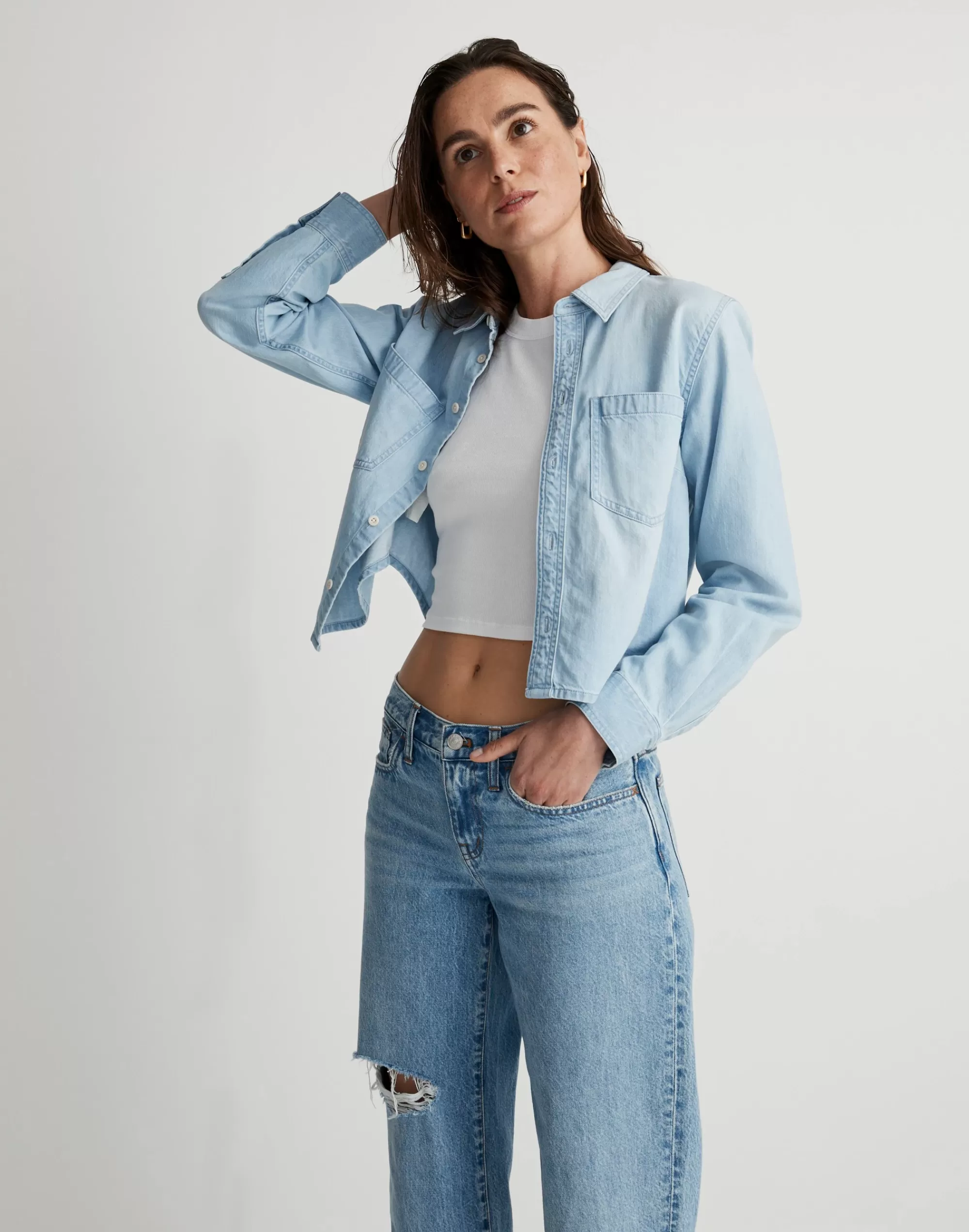 Madewell Tops & Shirts>Cotton-Hemp Denim Button-Up Crop Shirt Southrush Wash