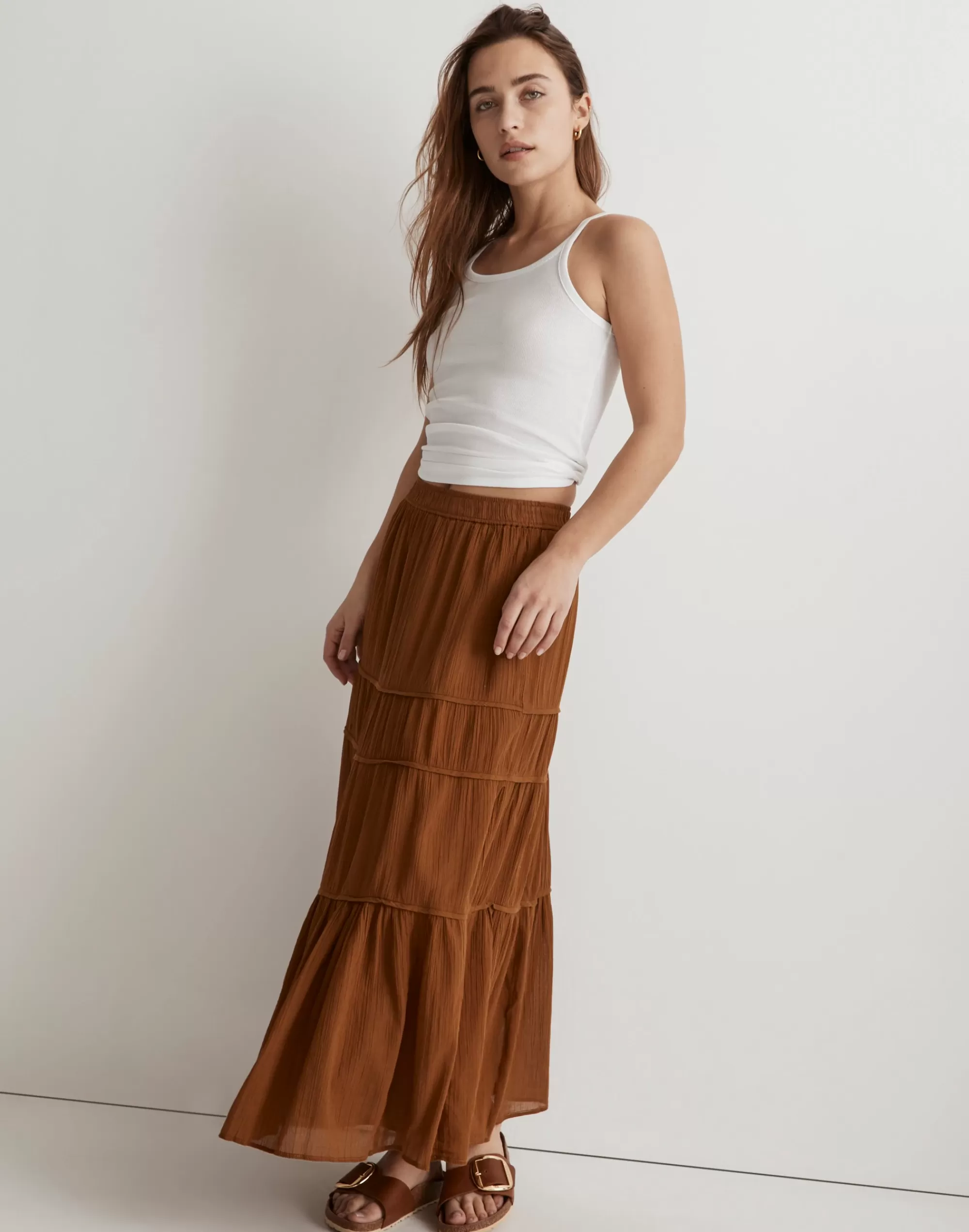 Madewell Skirts>Crinkle Pull-On Tiered Maxi Skirt Dried Cedar