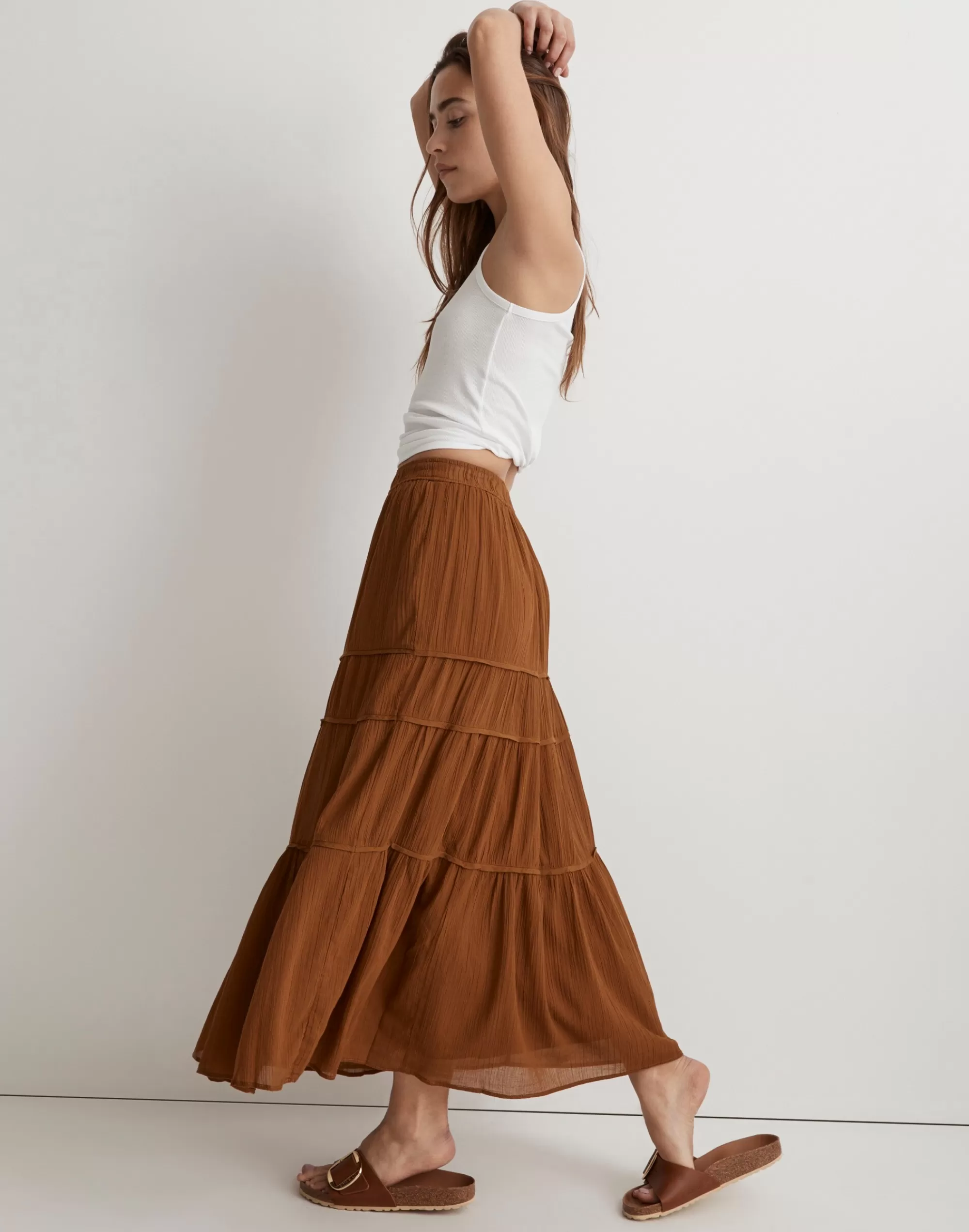 Madewell Skirts>Crinkle Pull-On Tiered Maxi Skirt Dried Cedar