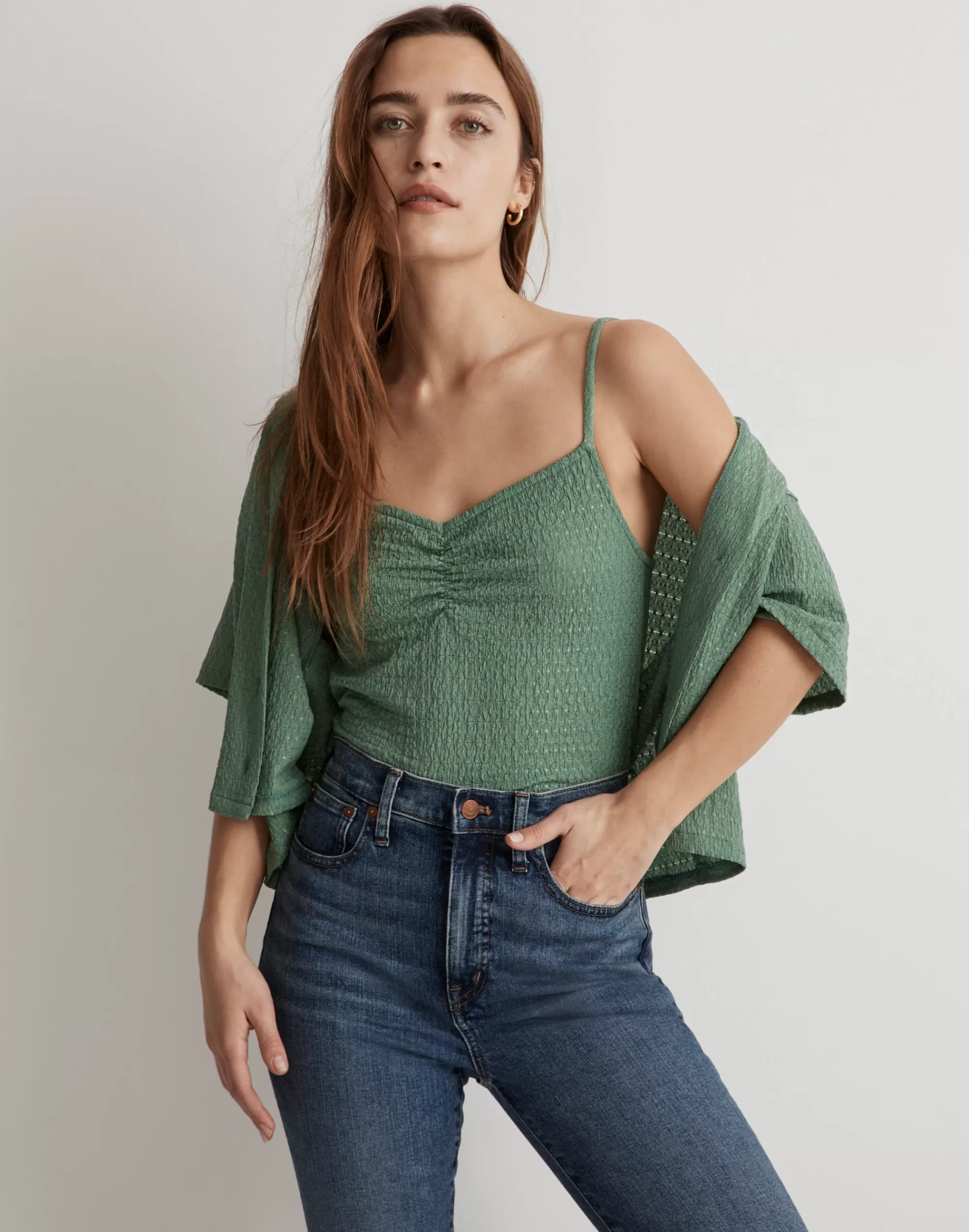 Madewell Tees>Crinkled Ruched-Front Cami Tank Top Trellis Green