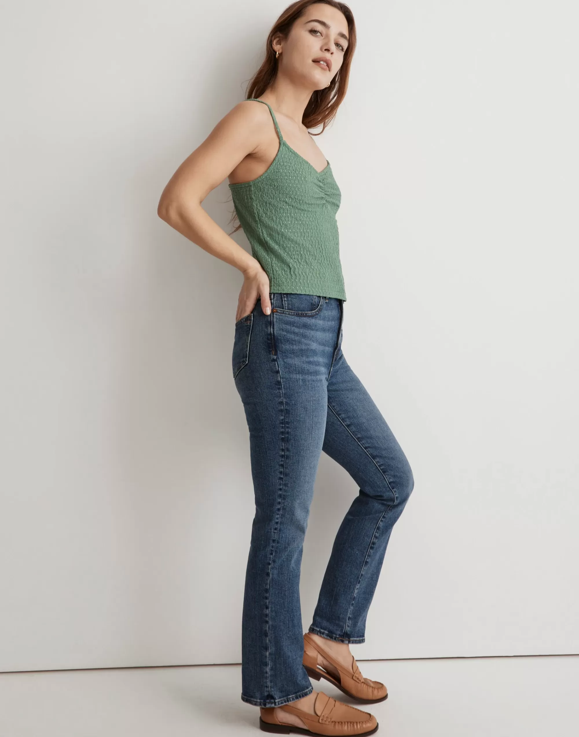 Madewell Tees>Crinkled Ruched-Front Cami Tank Top Trellis Green