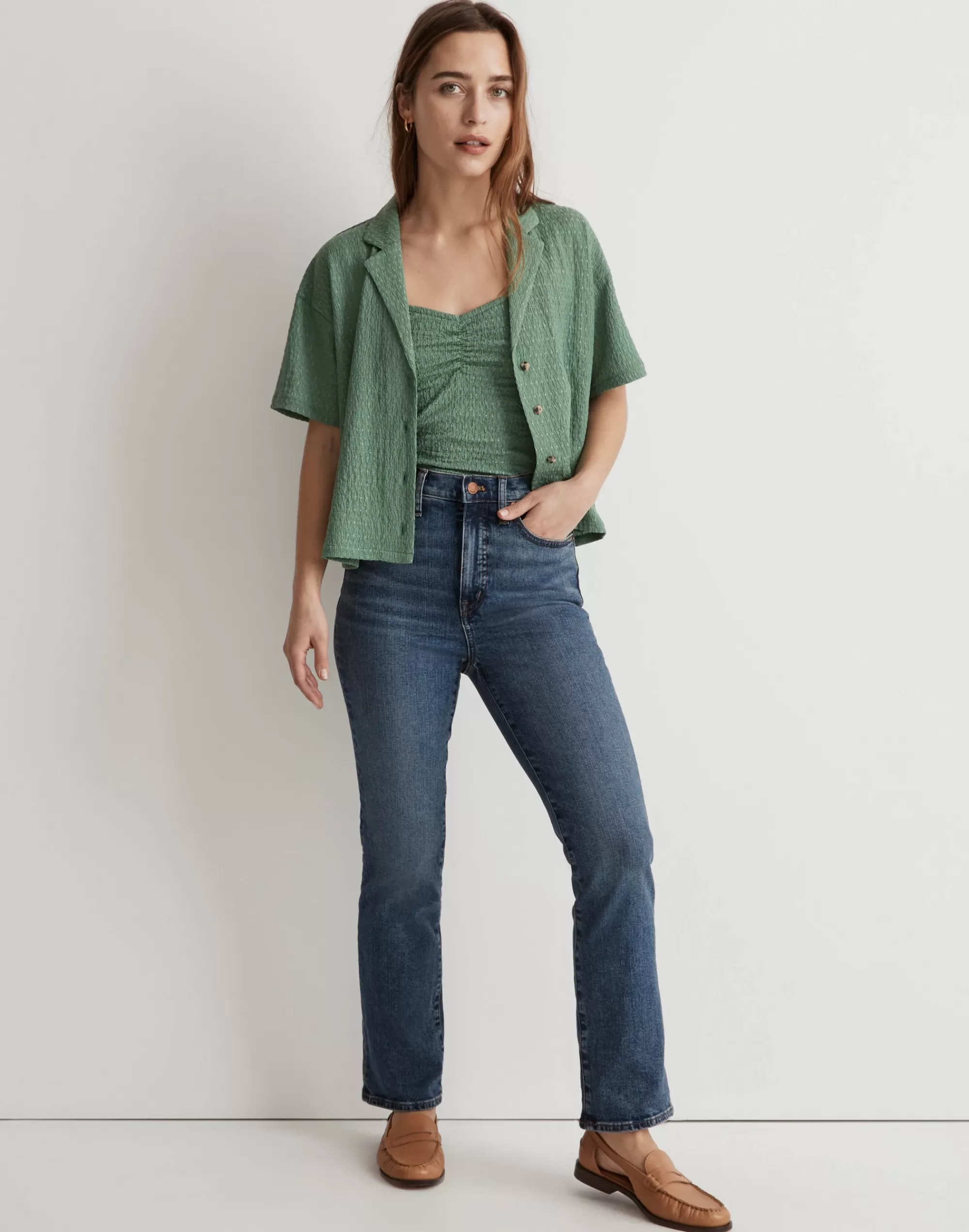 Madewell Tees>Crinkle-Knit Button-Front Top Trellis Green