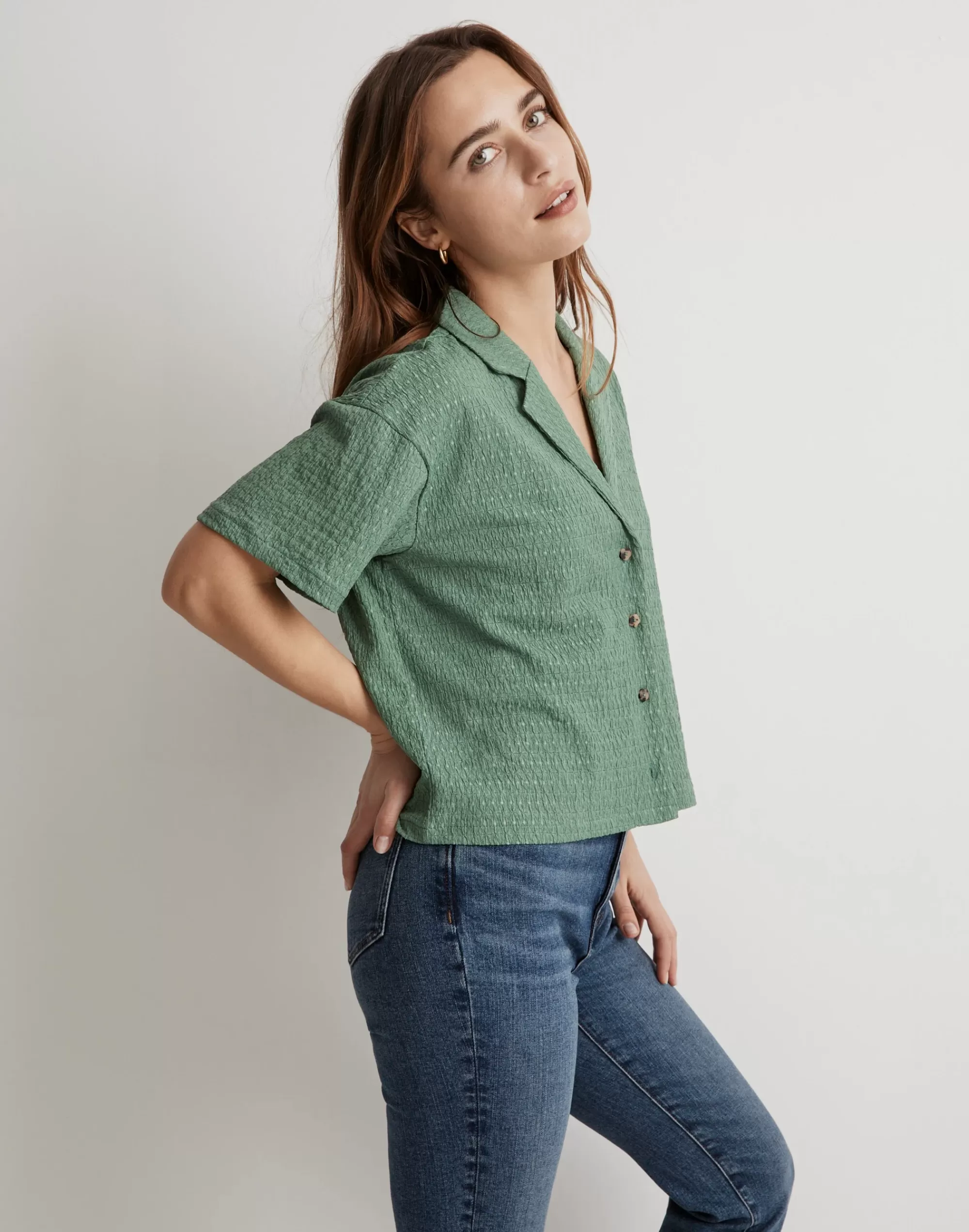 Madewell Tees>Crinkle-Knit Button-Front Top Trellis Green