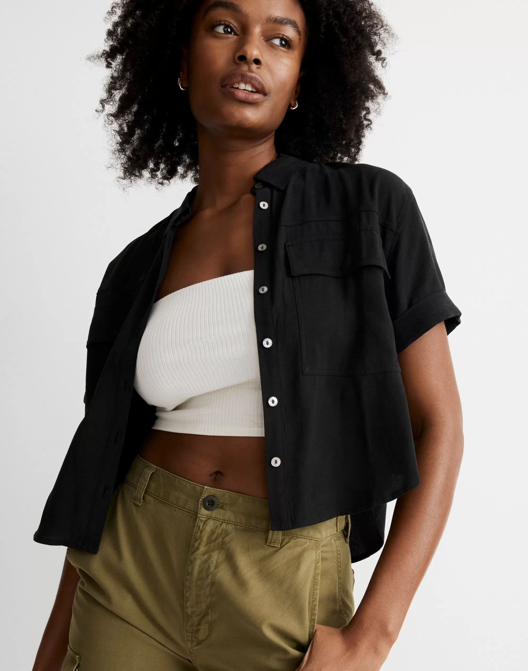 Madewell Tops & Shirts>Cuffed Utility Shirt In Lusterweave True Black