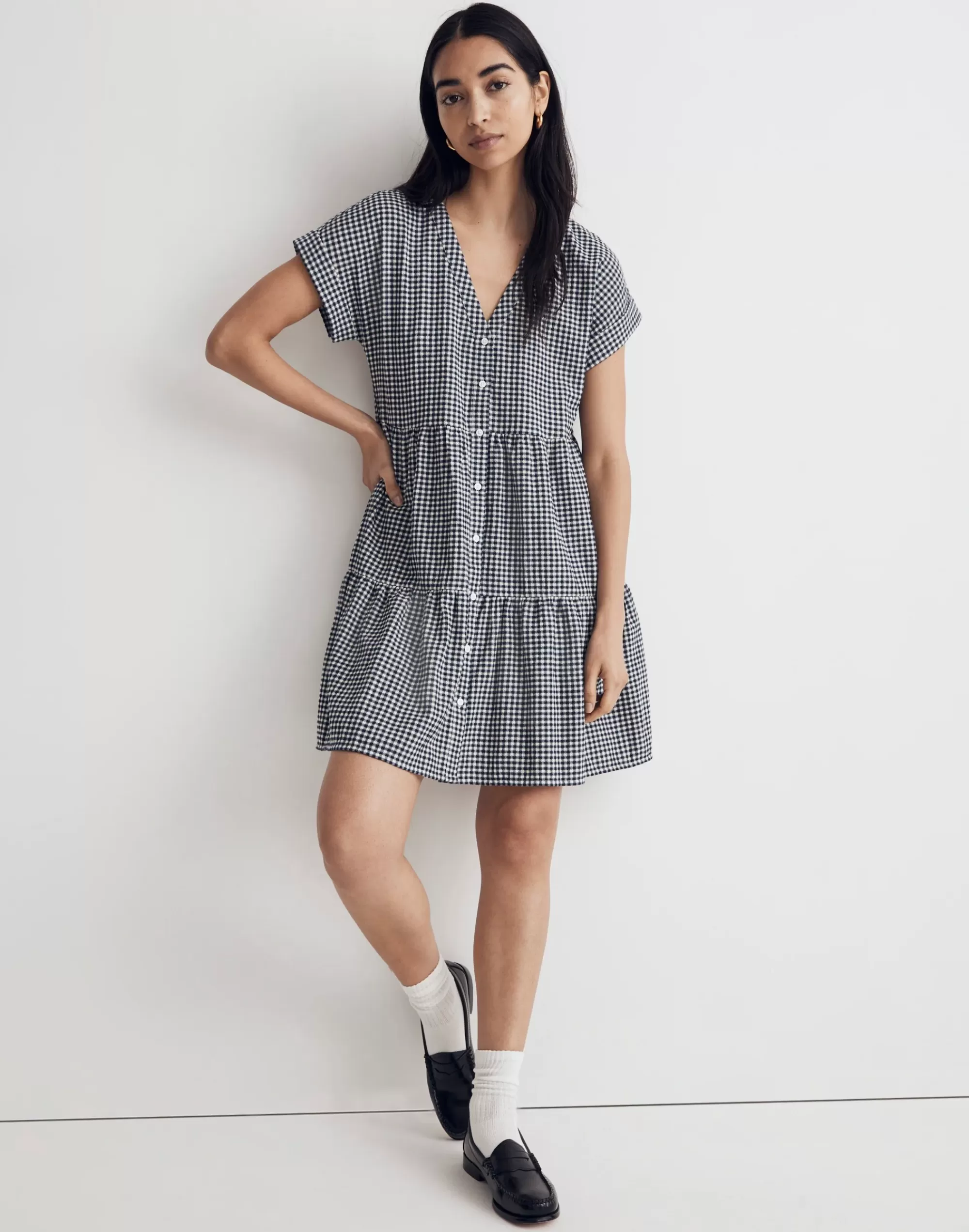 Madewell Dresses>Cuff-Sleeve Button-Front Tiered Mini Dress In Gingham Check Deep Indigo