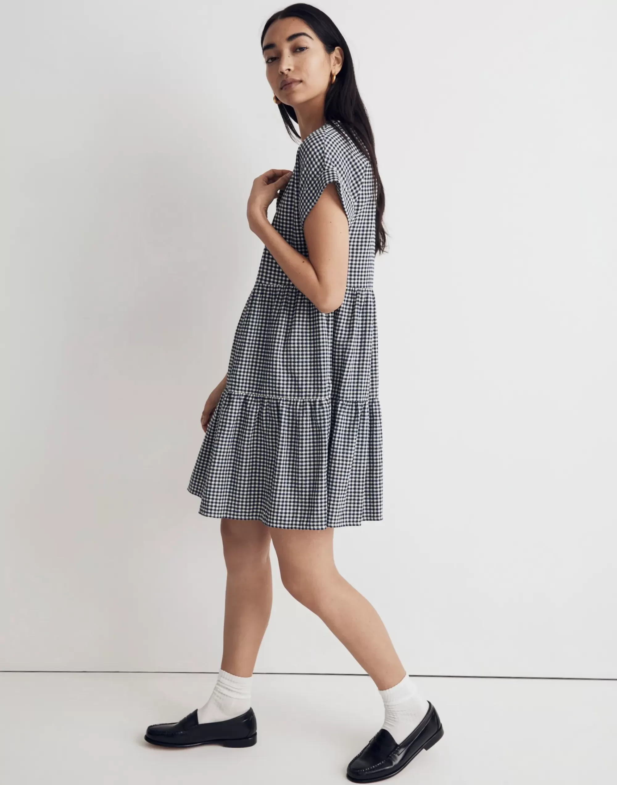 Madewell Dresses>Cuff-Sleeve Button-Front Tiered Mini Dress In Gingham Check Deep Indigo