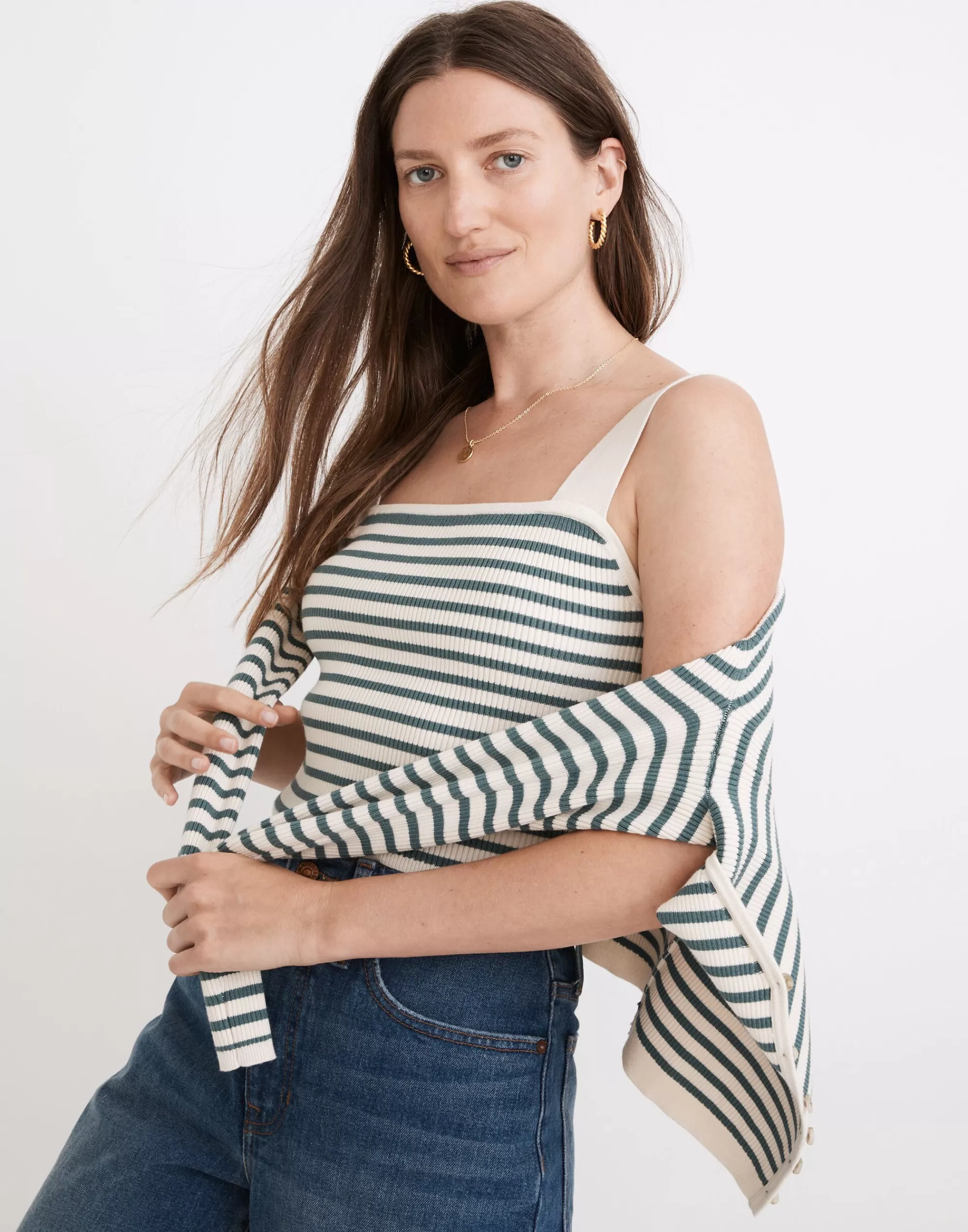 Madewell Sweaters>Dearing Square-Neck Crop Sweater Tank In Stripe Antique Cream