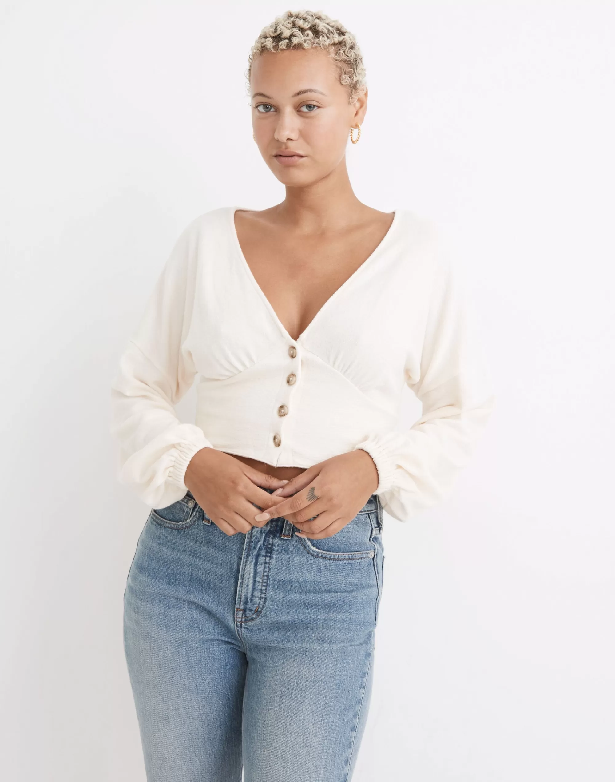 Madewell Tees>Deep-V Button-Front Crop Top Antique Cream