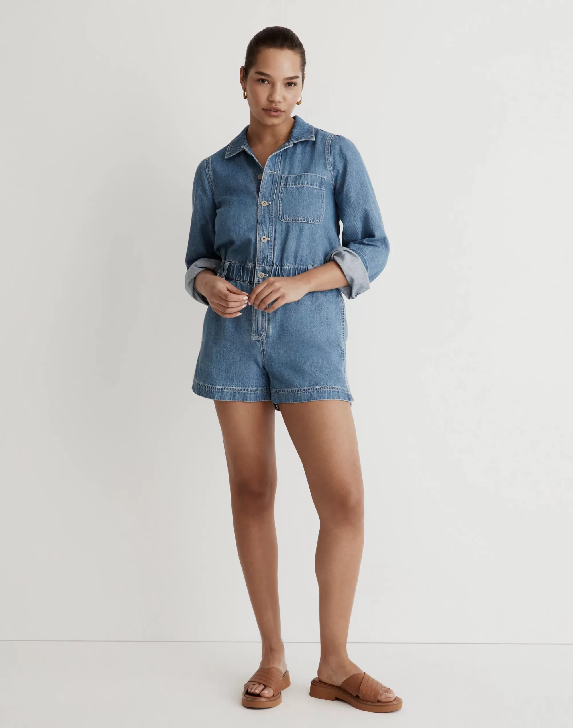 Madewell Dresses>Denim Long-Sleeve Romper In Rushland Wash