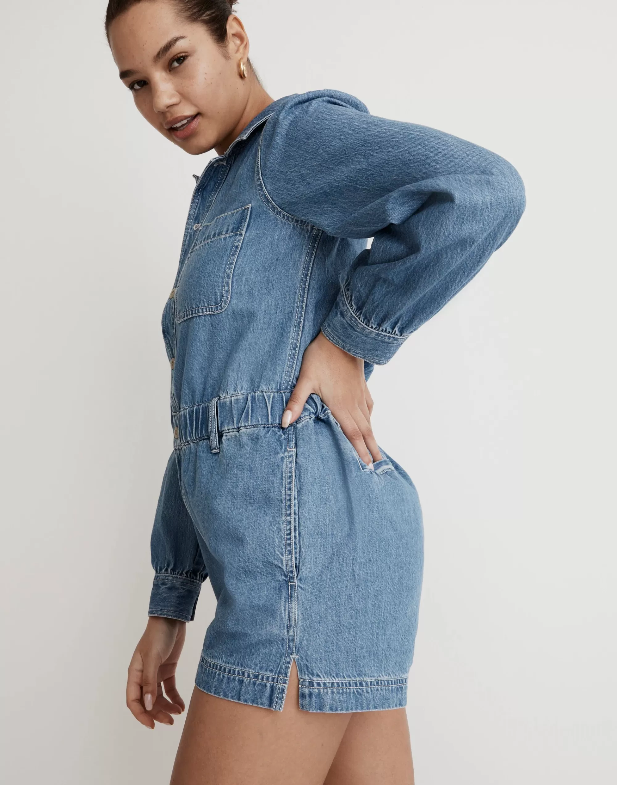 Madewell Dresses>Denim Long-Sleeve Romper In Rushland Wash