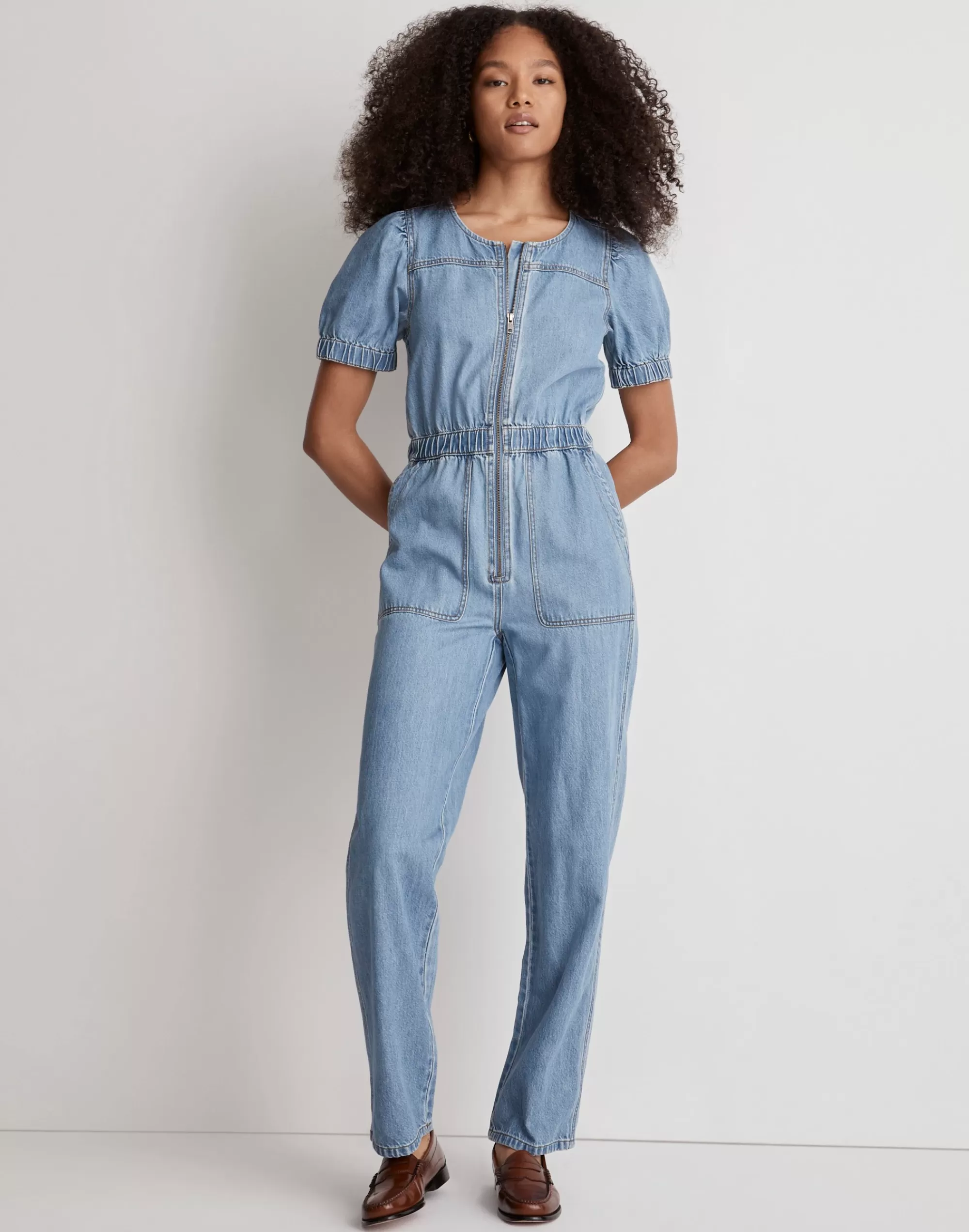 Madewell Dresses>Denim Puff-Sleeve Zip-Up Coverall In Milburn Wash