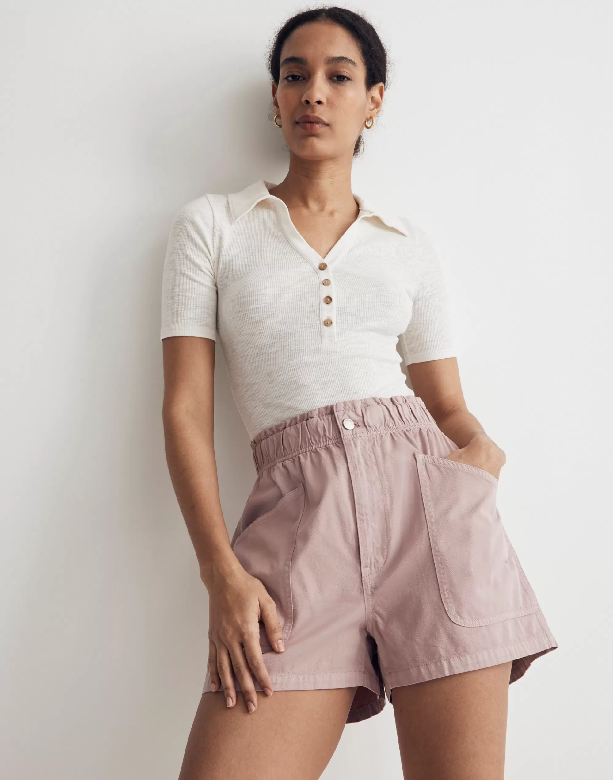 Madewell Shorts>Denim Pull-On Paperbag Utility Shorts: Garment-Dyed Edition Warm Thistle