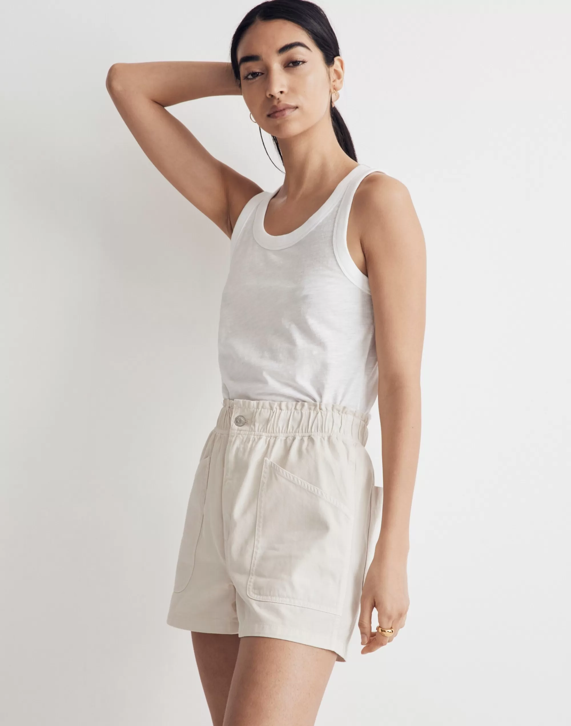 Madewell Shorts>Denim Pull-On Paperbag Utility Shorts: Garment-Dyed Edition Vintage Linen