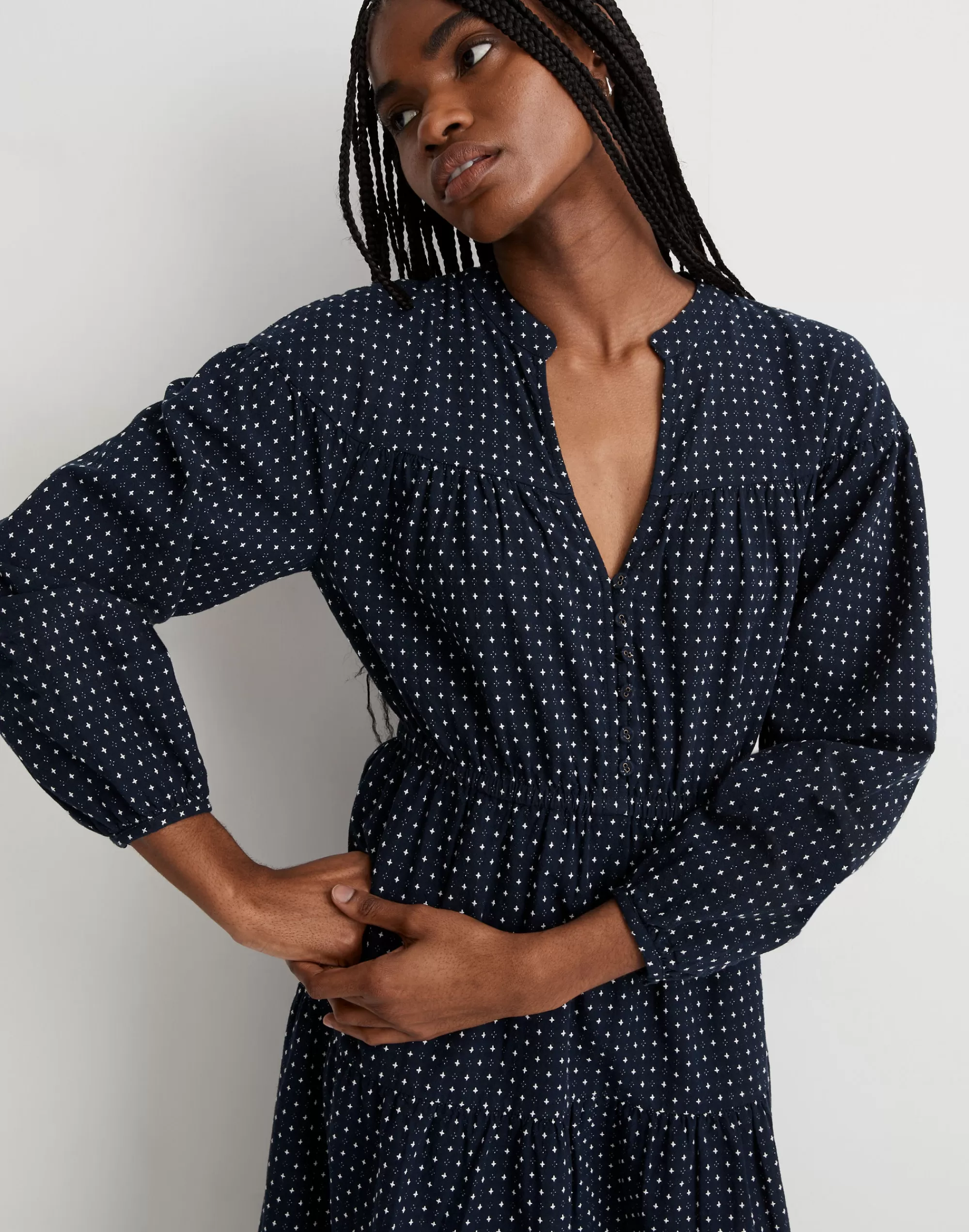 Madewell Dresses>Dobby V-Neck Tiered Midi Dress Yd Jacquard